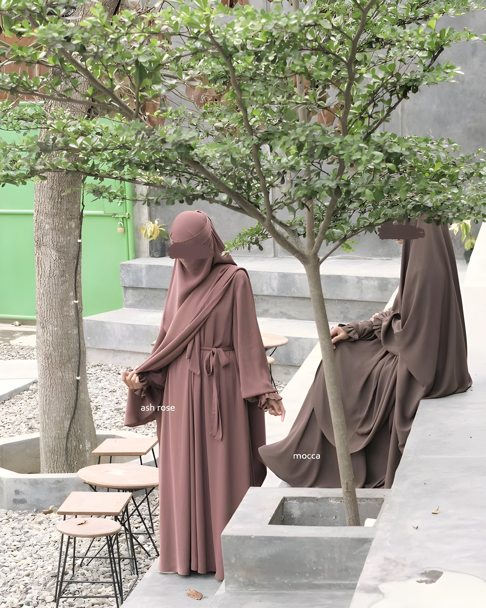 Abaya Nourah Series Basic Non Pad Khimar with Half Niqab or Niqab Bandana in Mocca and Ash Rose color.