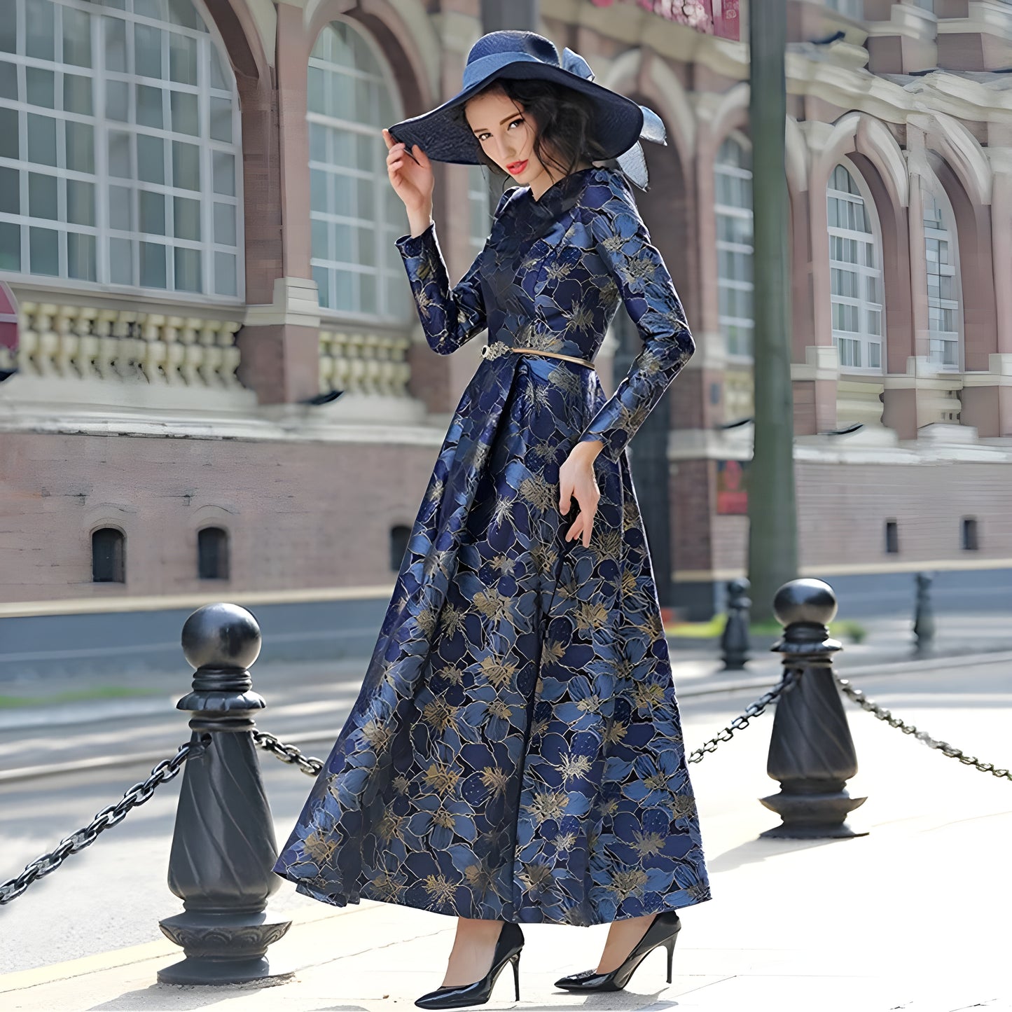 Alesyari Shop I Good Quality Elegant Women Long Sleeve Maxi Dress Floral Jacquard Fall V Neck Lady Autumn Winter Party Fashion Formal Vestidos