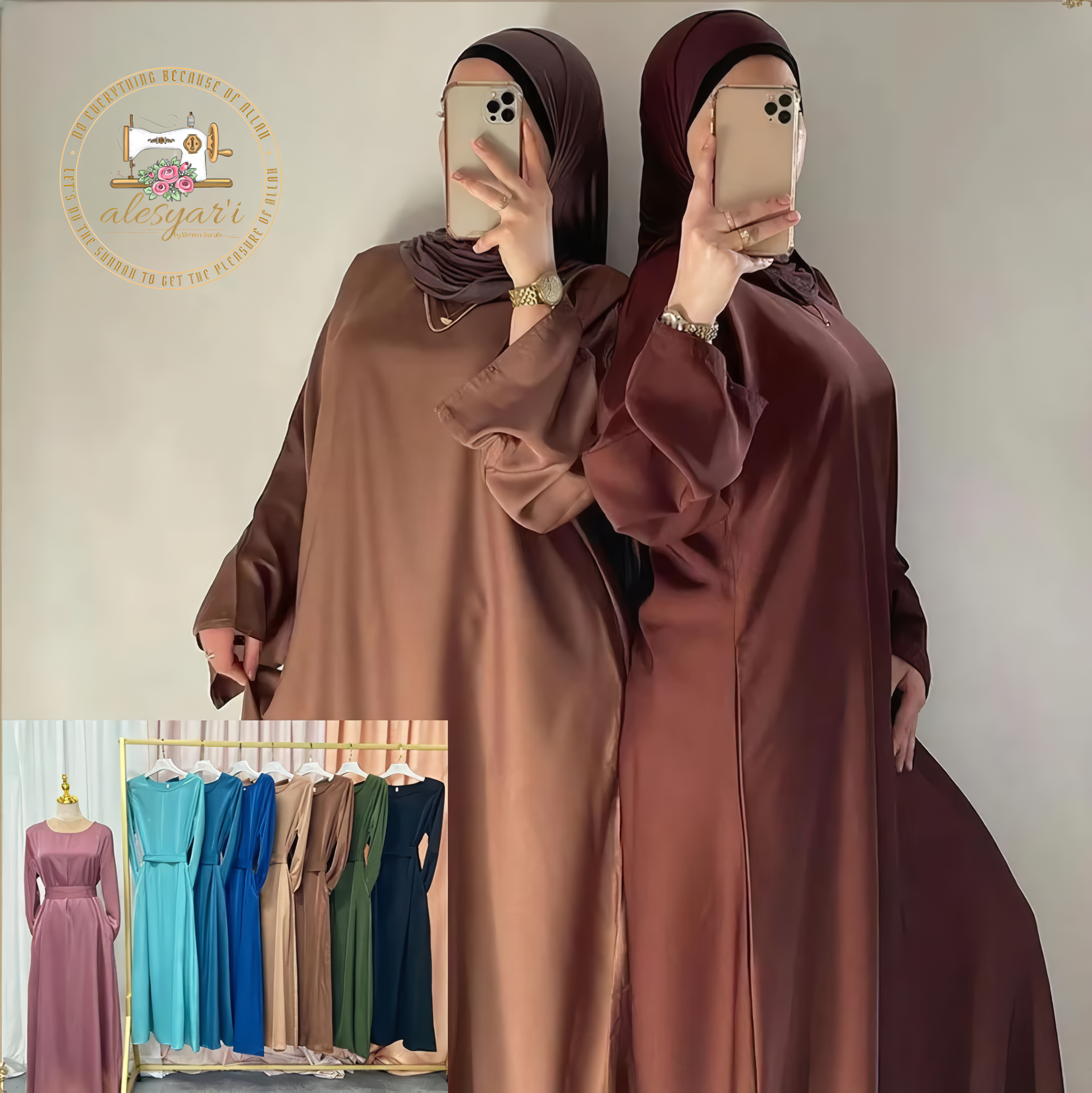 Alesyari Shop I Elegant Satin Muslim Abaya Full-Length with Flared Sleeves, Soft Shimmer, Dubai to Turkey Fashion