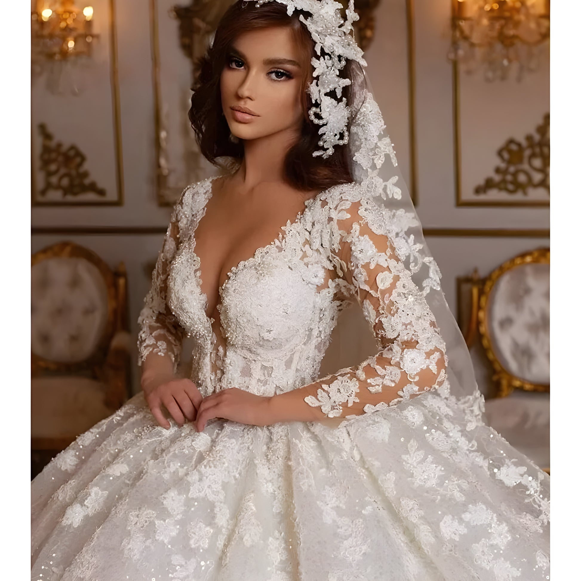 Retro Lace Wedding Dresses Princess Ball Gown Beading Bridal Gowns Shinny Long Sleeves Ivory Dubai Marriage Dress