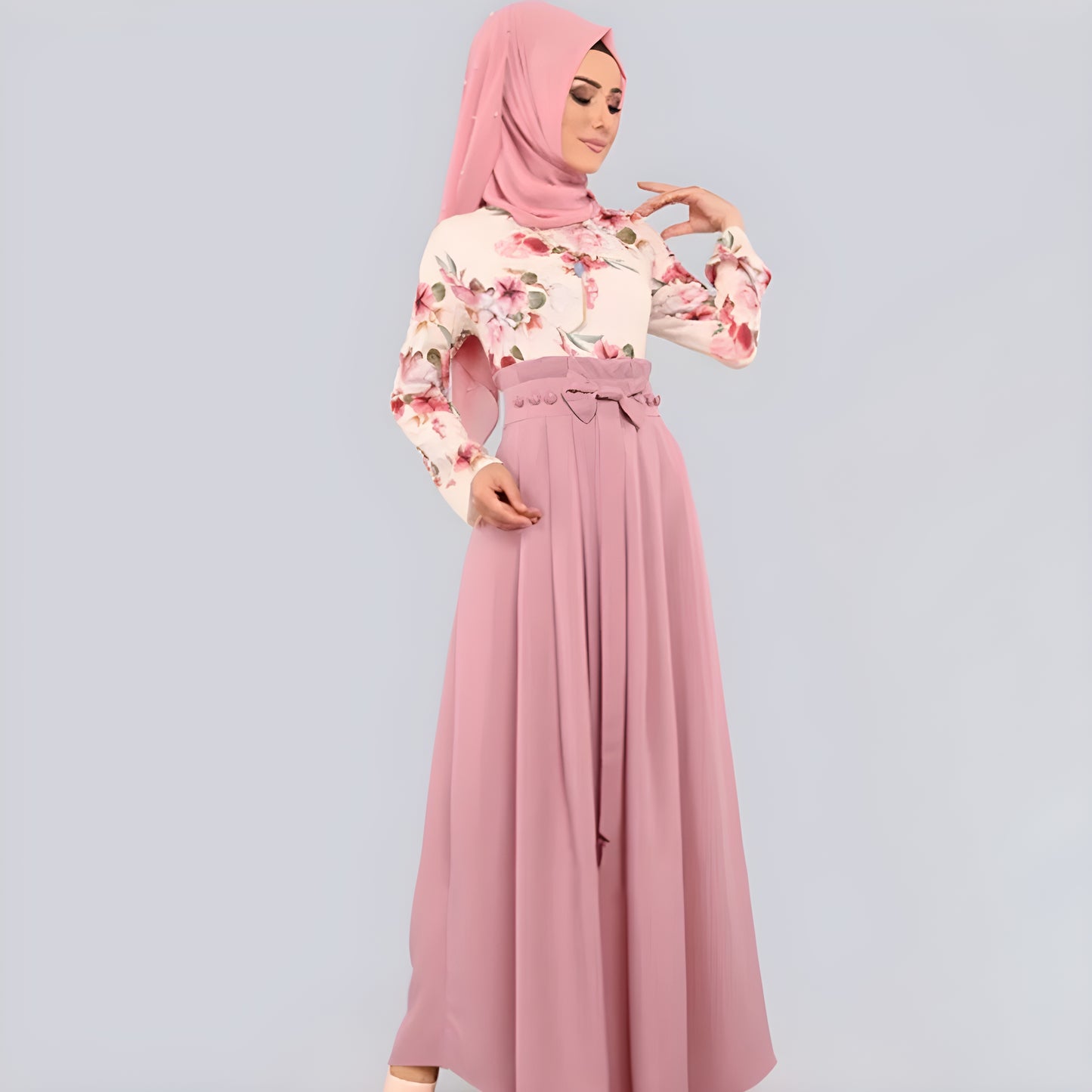 New Muslim Abaya: Turkish Islamic Dress with Floral Print, Ruffle Pleats, and a Bow Knot – No Scarf Included