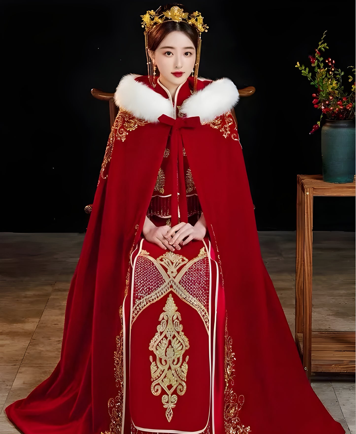 Warm Winter Hanfu Cloak: Traditional Chinese Embroidery, Velvet Cape for Women's Cosplay Costume in Red