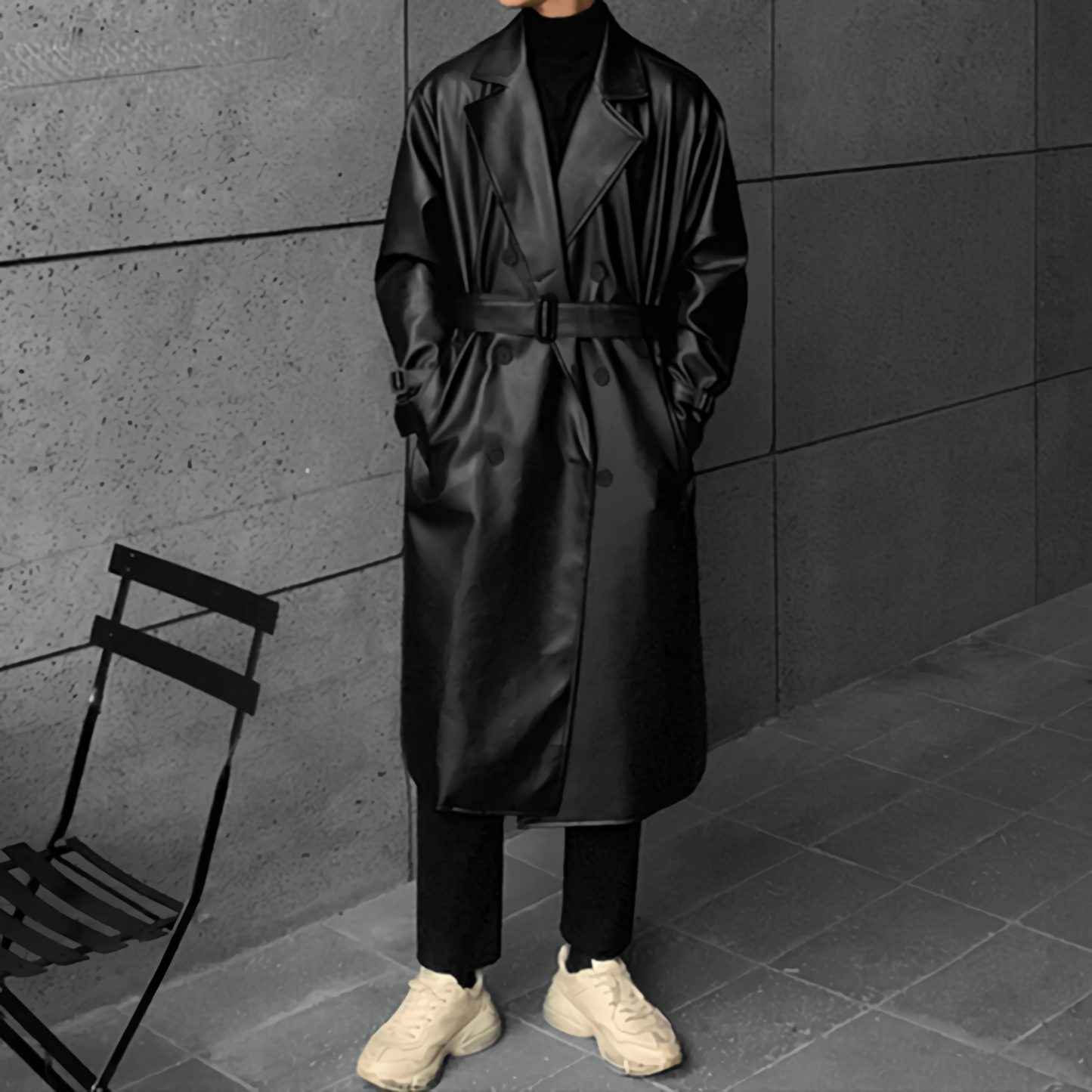 Spring Autumn Long Black Oversized Faux Leather Trench Coat Men Drop Shoulder Belt Faux Leather Coats for Men Winter Thick M-5XL