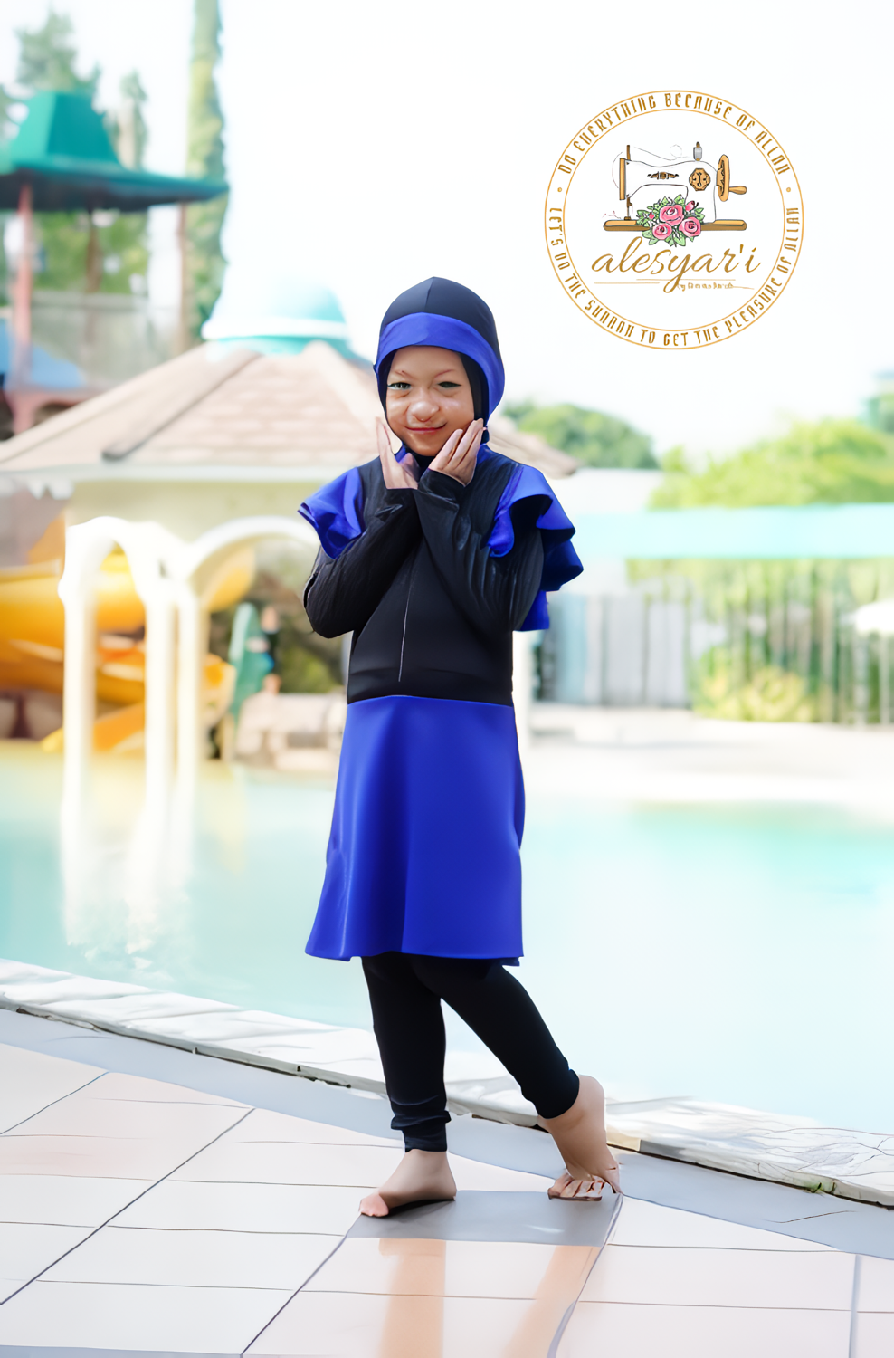 Alesyari Shop I Original Muslimah Swimwear for Kids Modest Swimsuit with Chest Layer and Skirt Overall Jumpsuit