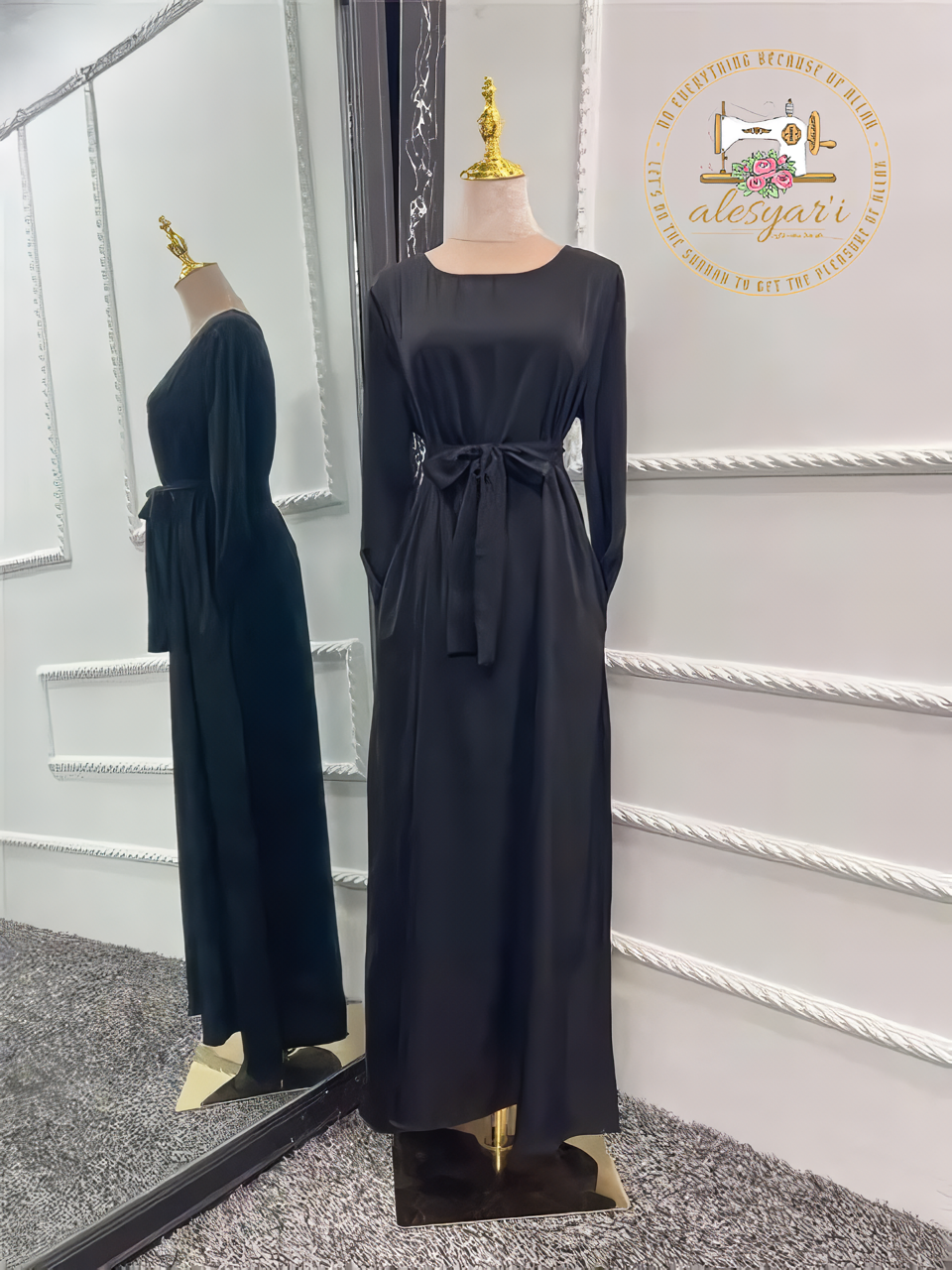 Alesyari Shop I Elegant Satin Muslim Abaya Full-Length with Flared Sleeves, Soft Shimmer, Dubai to Turkey Fashion