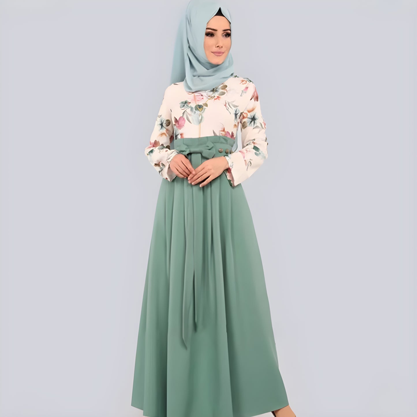 New Muslim Abaya: Turkish Islamic Dress with Floral Print, Ruffle Pleats, and a Bow Knot – No Scarf Included