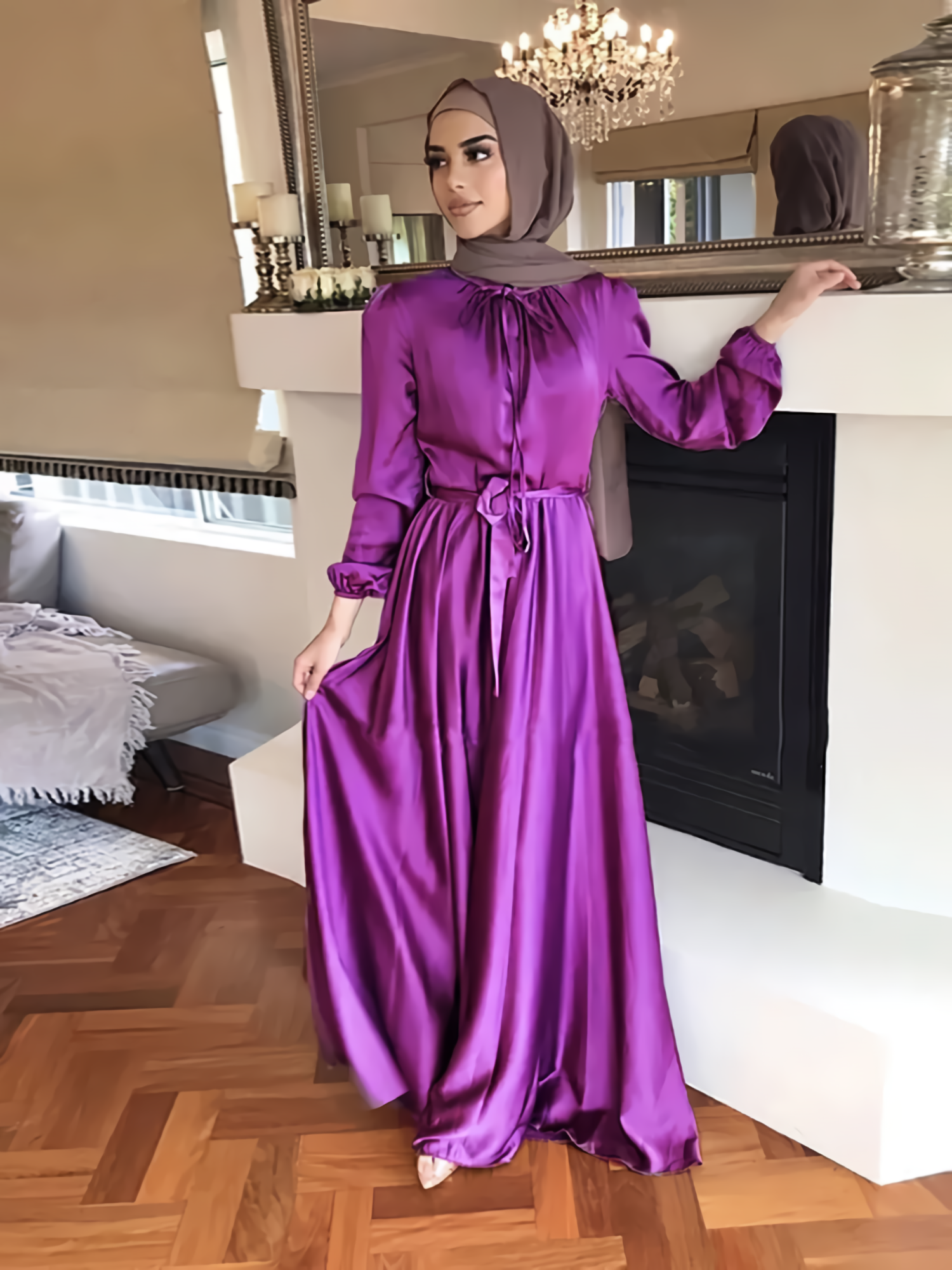 Satin Abaya Long Dress Women Elegant Big Swing Belted Hijab Robe Islam Dubai Turkish Modest Abayas Muslim African Dresses