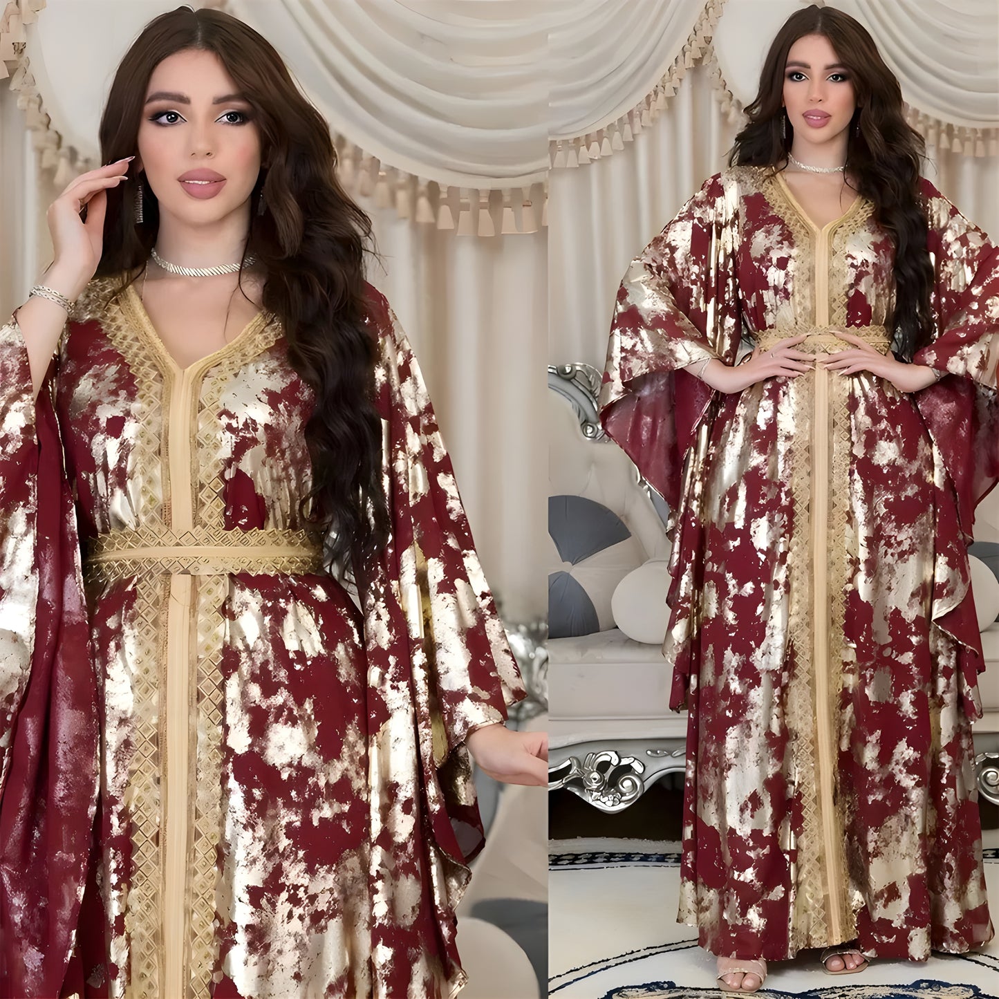 Alesyari Shop I Muslim Abaya Dress: Chiffon Elegance with Gold Stamping, Lace Trim, and V-Neck Ruffle Sleeves for Eid and Beyond