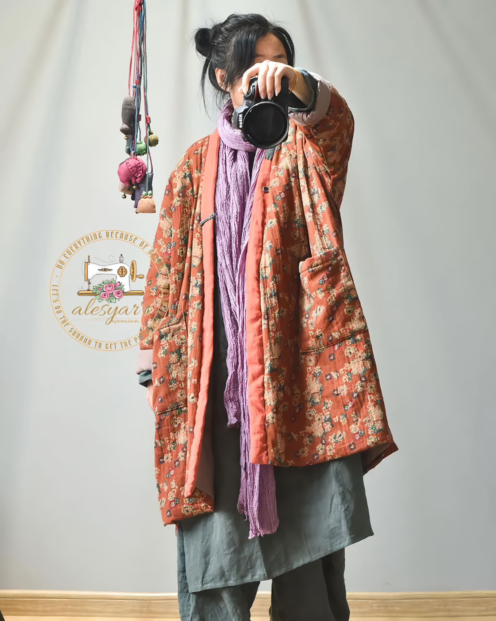 Alesyari Shop I Elevate Your Winter Style: Vintage Floral Print Women's Parkas in Cotton Linen, Featuring Button V-Neck and Long Sleeves for Cozy Warmth