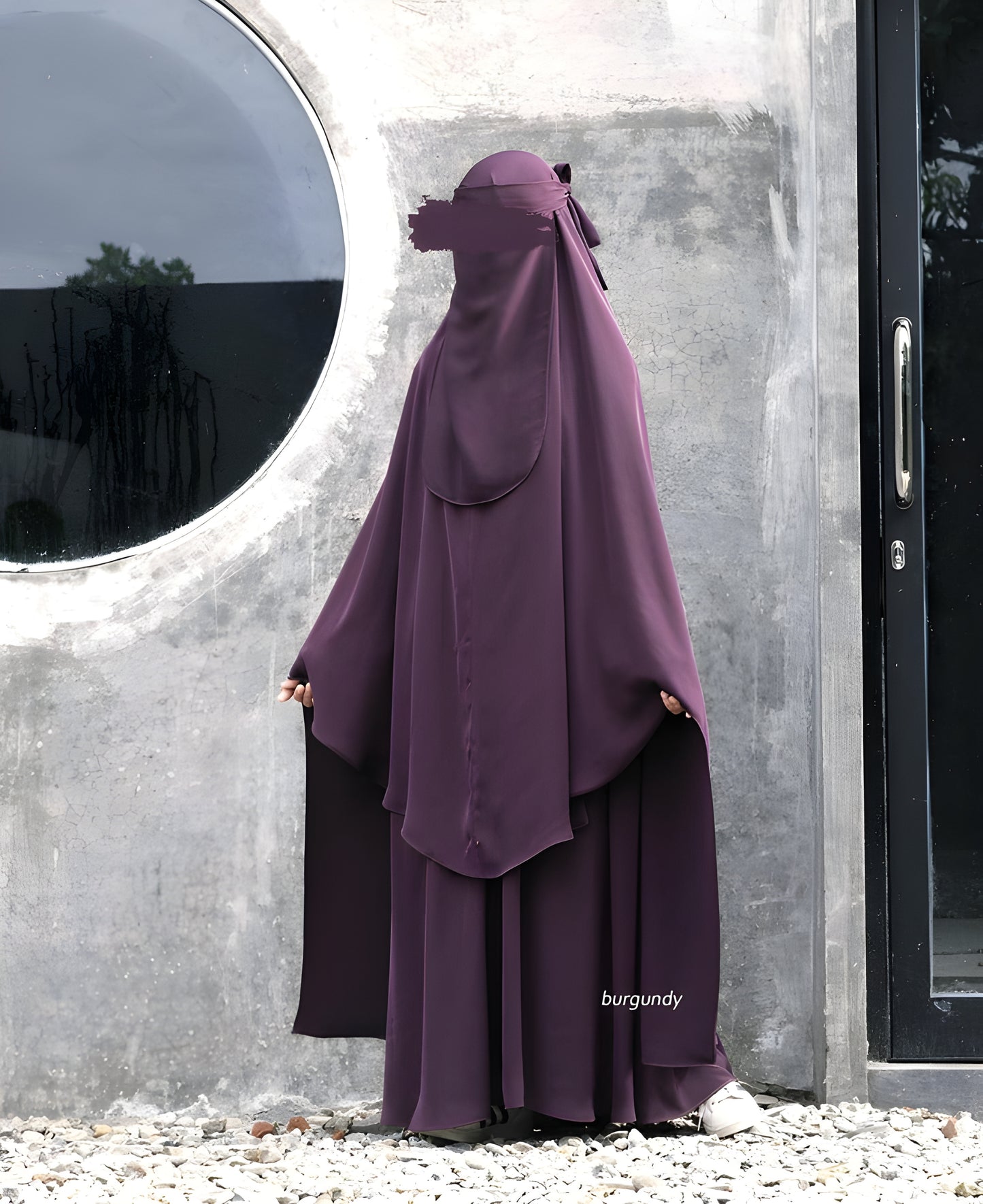 Abaya Nourah Series Basic Non Pad Khimar with Niqab Bandana in Burgundy color.