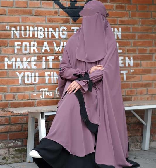 Alesyari Shop I Lavender - Sabira Modest Abaya Ramadan Eid Series with Soft-Pad or Non-Pad Khimar, and Half Niqab Veil or Niqab Bandana