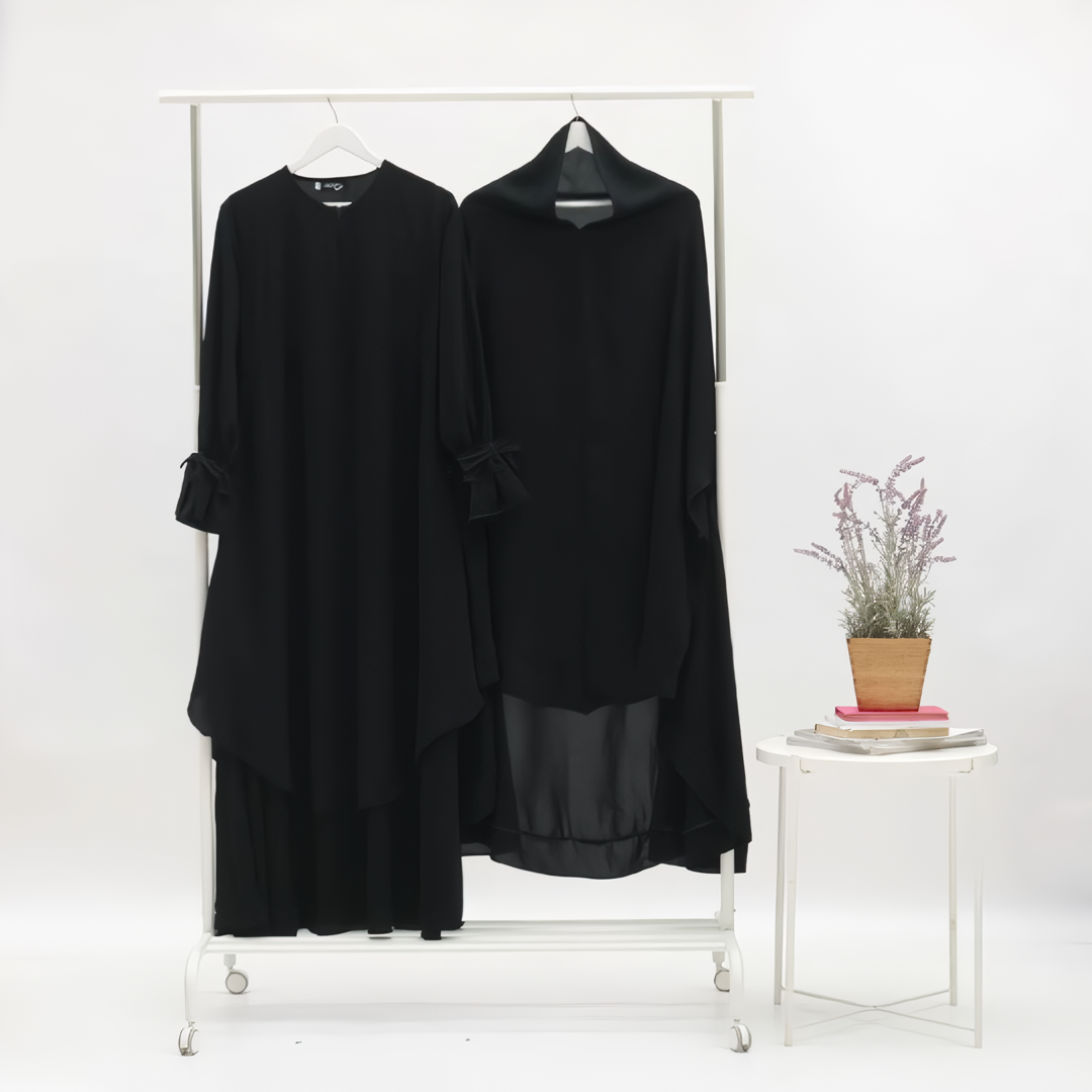 Alesyari Shop I Jetblack - Sabira Modest Abaya Ramadan Eid Series with Soft-Pad or Non-Pad Khimar, and Half Niqab Veil or Niqab Bandana