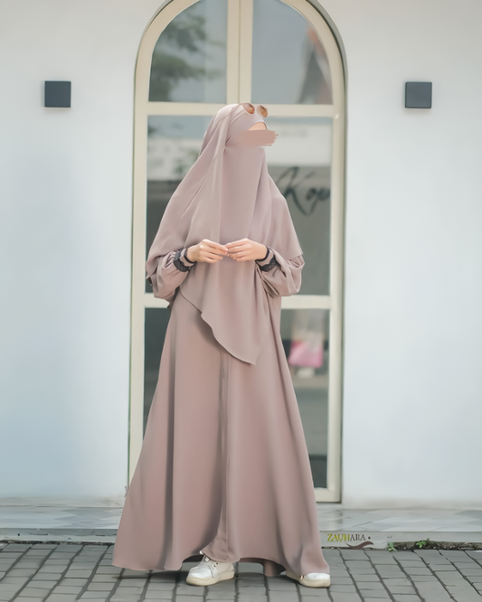 Alesyari Shop I Coffee Milk - Marzi Abaya Transformer or Basic Non-Pad Khimar with Organdi Lace, Free Half Niqab or Niqab Bandana, featuring Marzan Anti-UV Fabric