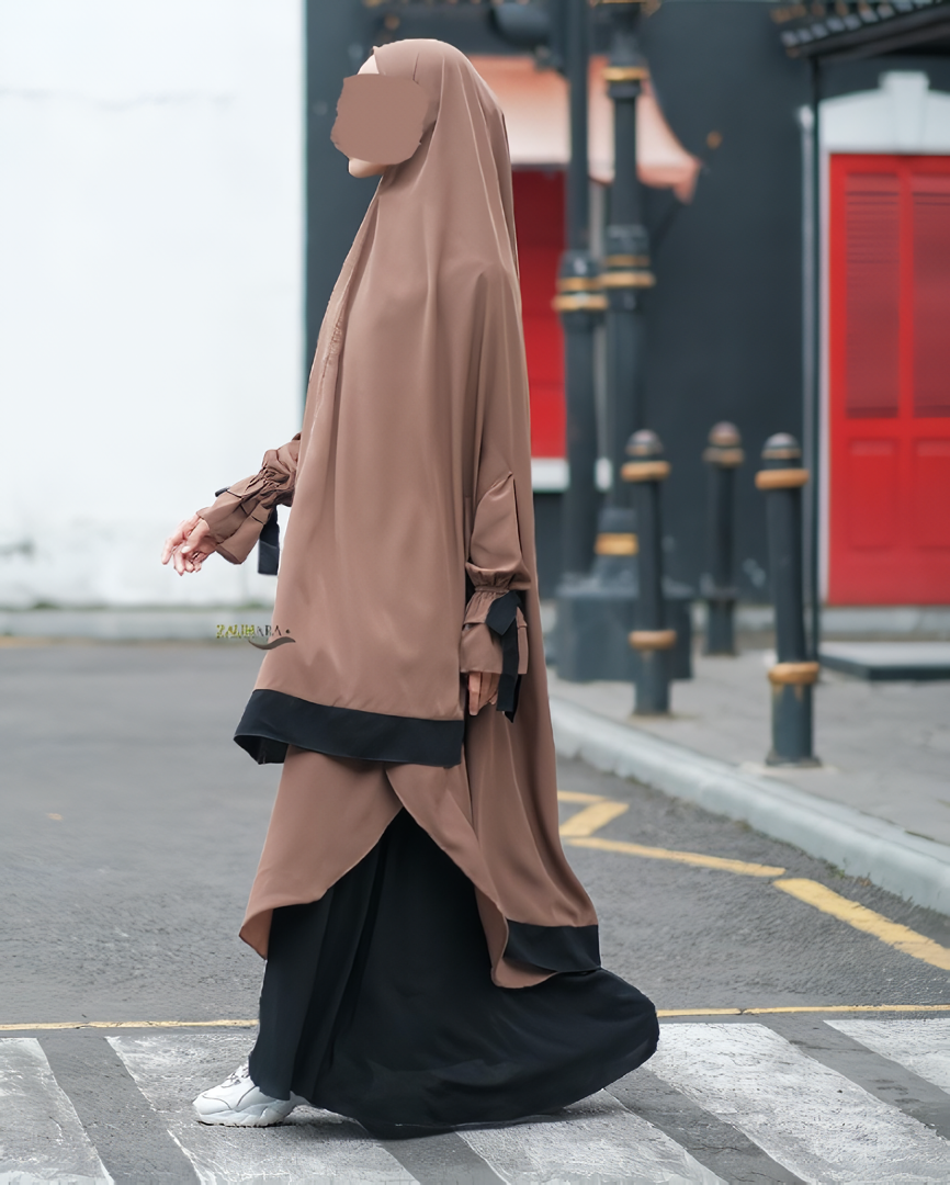 Mocca - Sabira Modest Abaya Ramadan Eid Series with Soft-Pad or Non-Pad Khimar, and Half Niqab Veil or Niqab Bandana