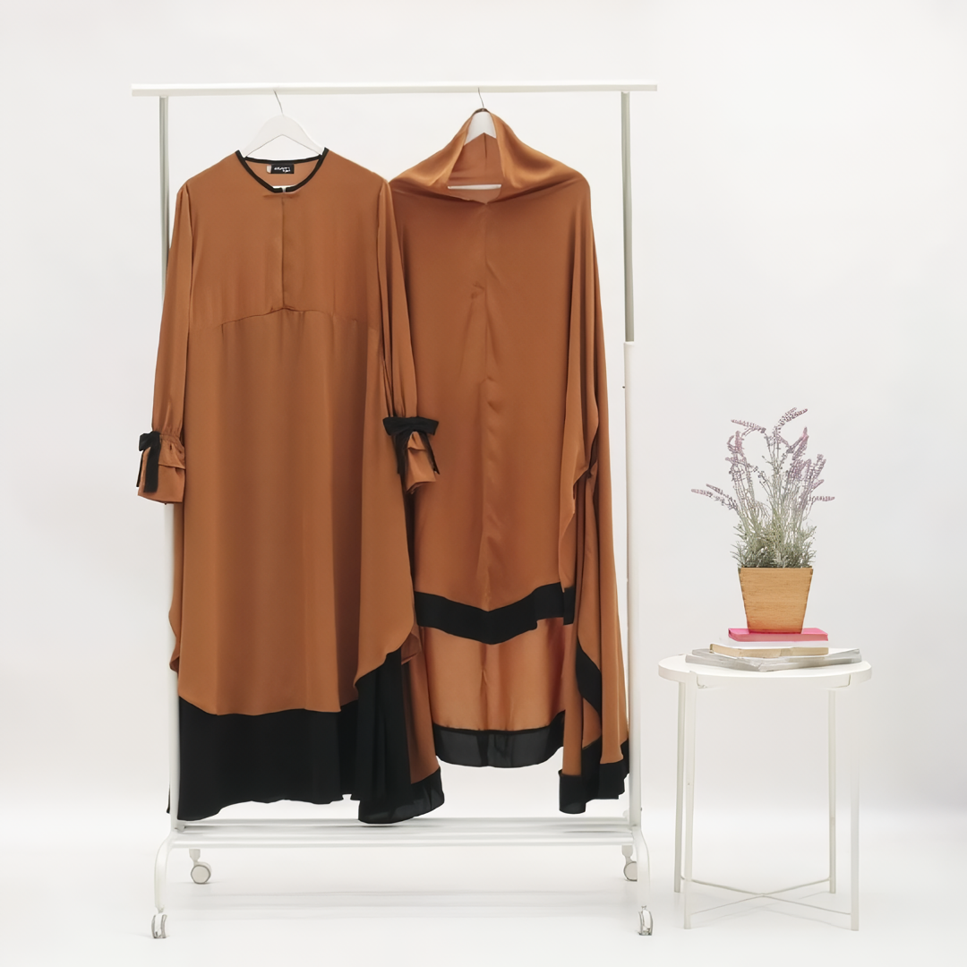 Alesyari Shop I Mustard - Sabira Modest Abaya Ramadan Eid Series with Soft-Pad or Non-Pad Khimar, and Half Niqab Veil or Niqab Bandana