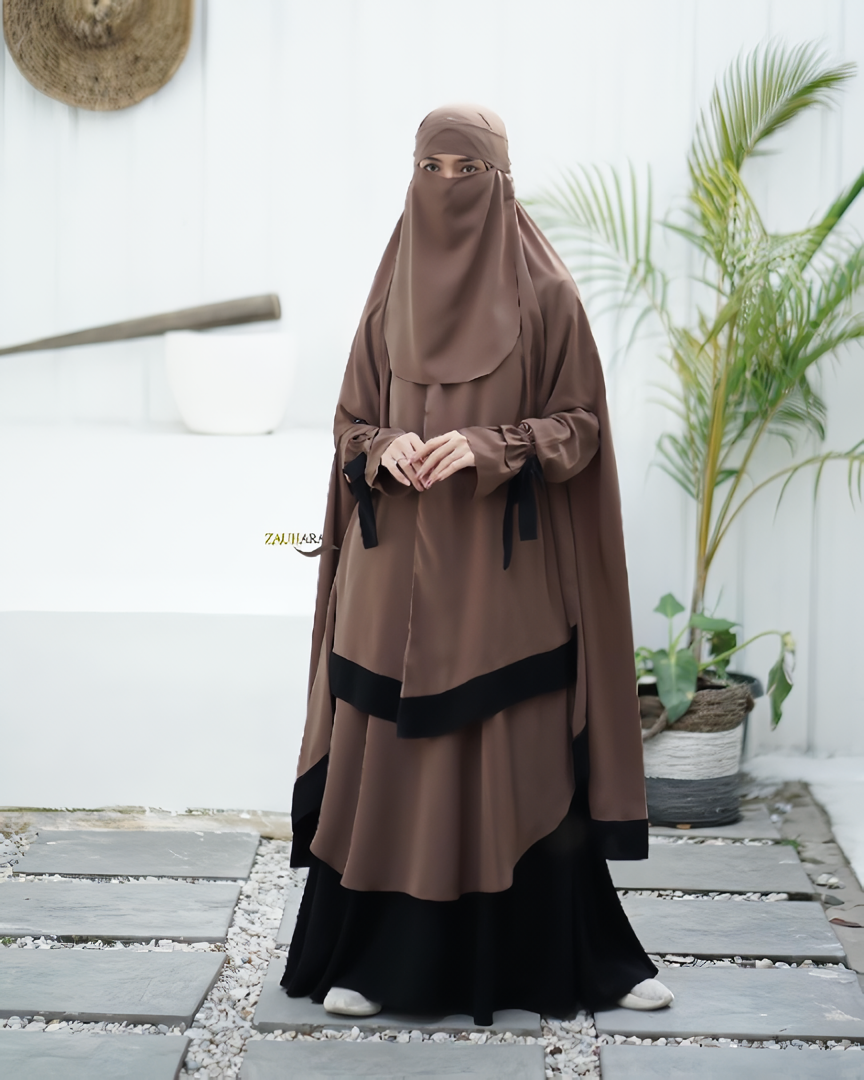 Mocca - Sabira Modest Abaya Ramadan Eid Series with Soft-Pad or Non-Pad Khimar, and Half Niqab Veil or Niqab Bandana