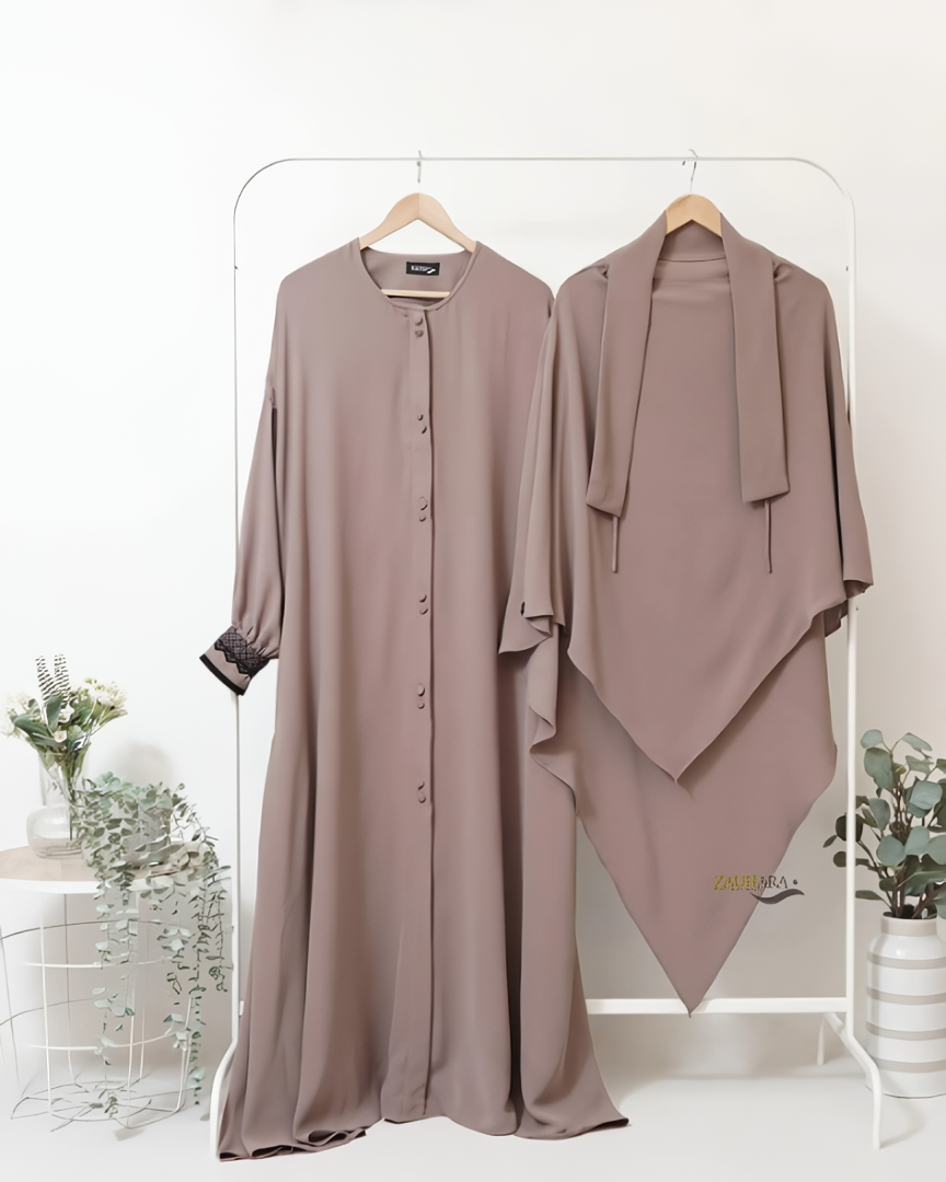 Alesyari Shop I Coffee Milk - Marzi Abaya Transformer or Basic Non-Pad Khimar with Organdi Lace, Free Half Niqab or Niqab Bandana, featuring Marzan Anti-UV Fabric