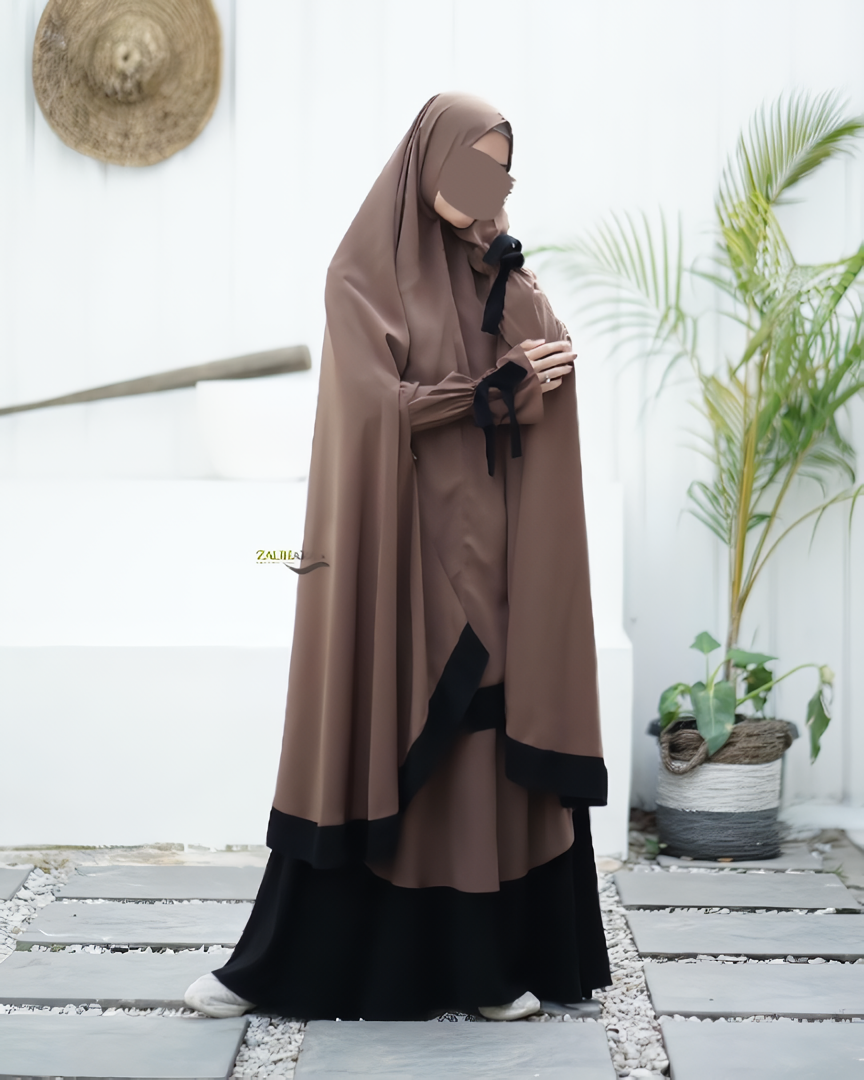 Mocca - Sabira Modest Abaya Ramadan Eid Series with Soft-Pad or Non-Pad Khimar, and Half Niqab Veil or Niqab Bandana