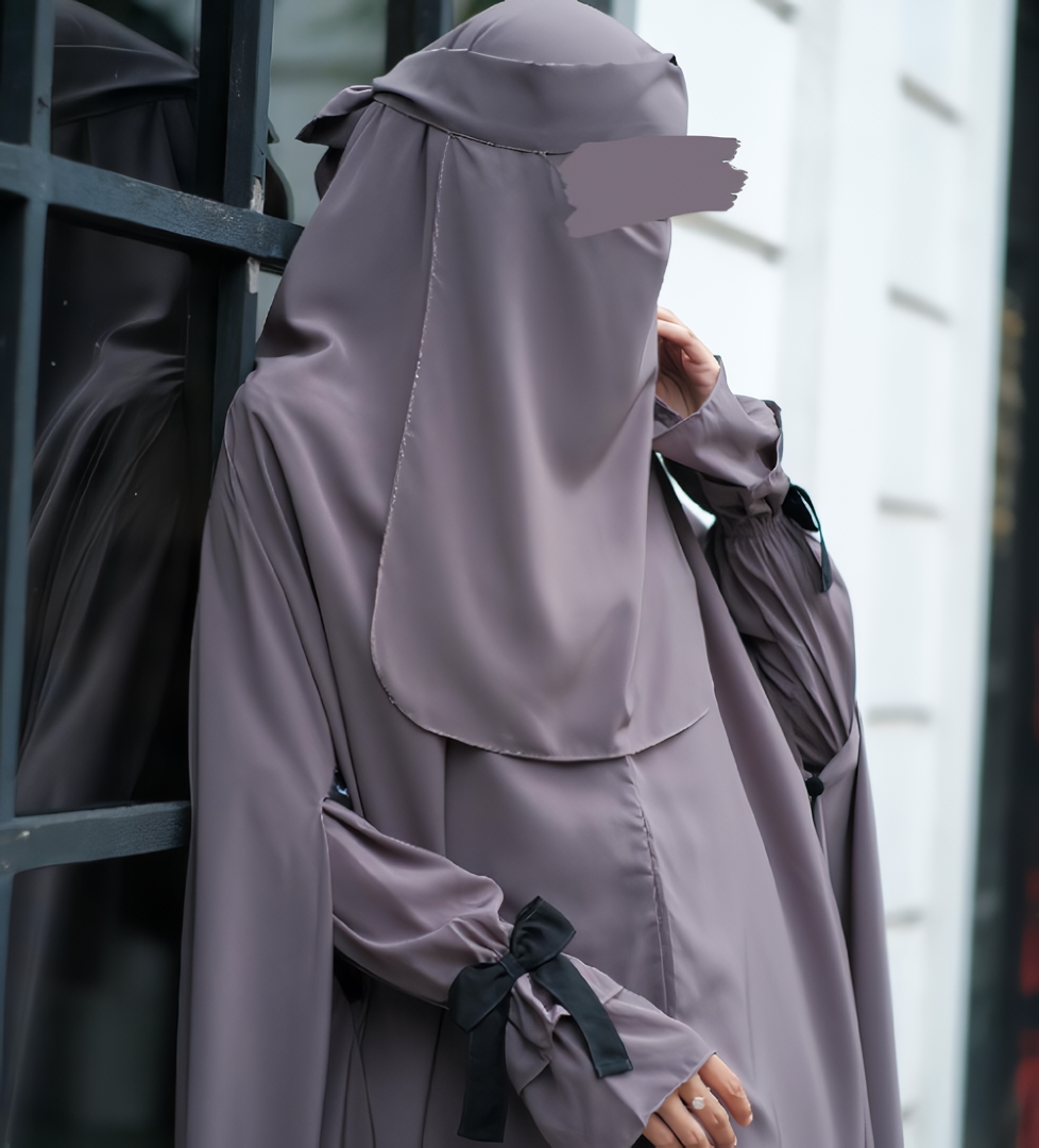 Alesyari Shop I Gray Zink - Sabira Modest Abaya Ramadan Eid Series with Soft-Pad or Non-Pad Khimar, and Half Niqab Veil or Niqab Bandana