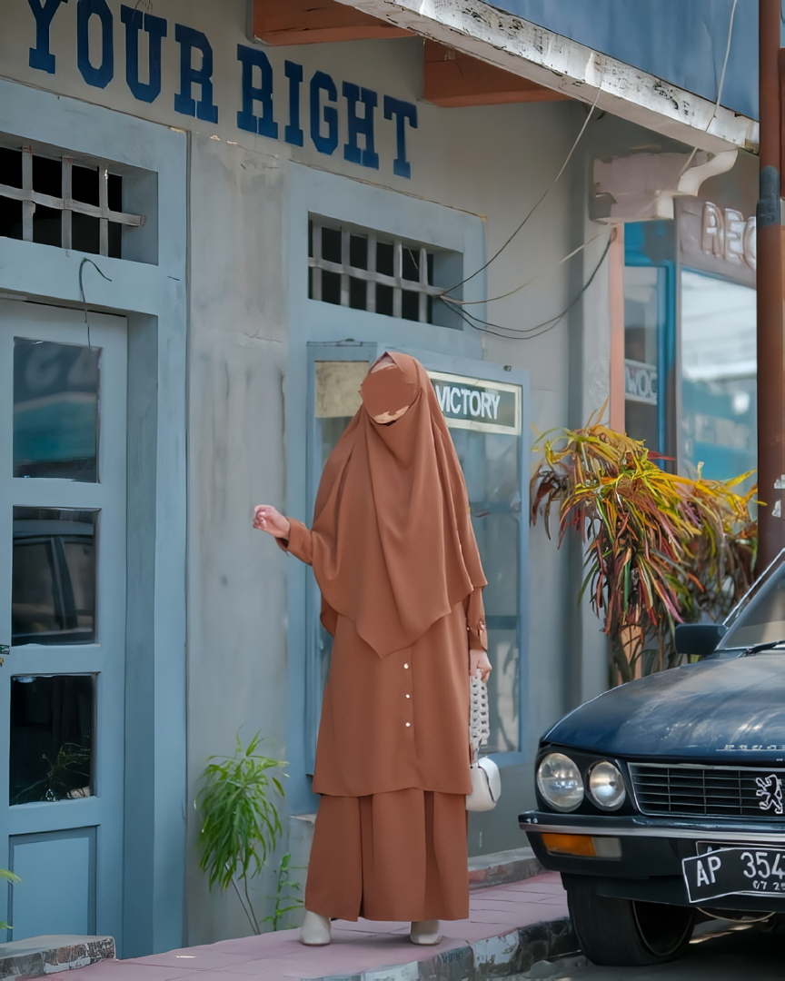 Alesyari Shop I Ginger Bread Sahla Tunic & Fortaleza Abaya with French Khimar I Eid Adha Series