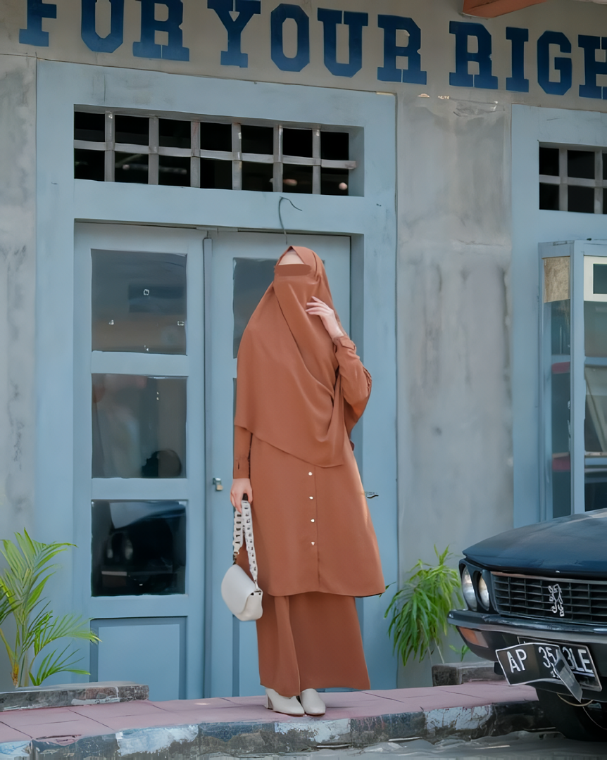 Alesyari Shop I Ginger Bread Sahla Tunic & Fortaleza Abaya with French Khimar I Eid Adha Series