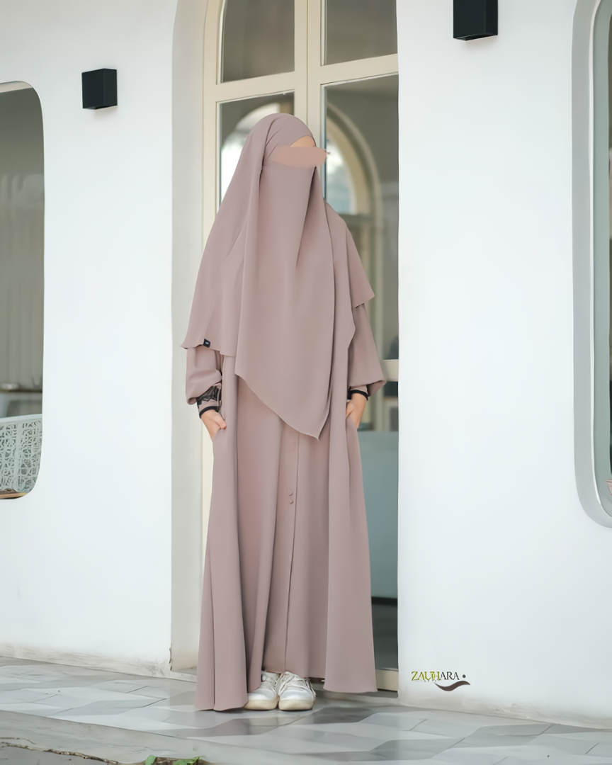 Alesyari Shop I Coffee Milk - Marzi Abaya Transformer or Basic Non-Pad Khimar with Organdi Lace, Free Half Niqab or Niqab Bandana, featuring Marzan Anti-UV Fabric