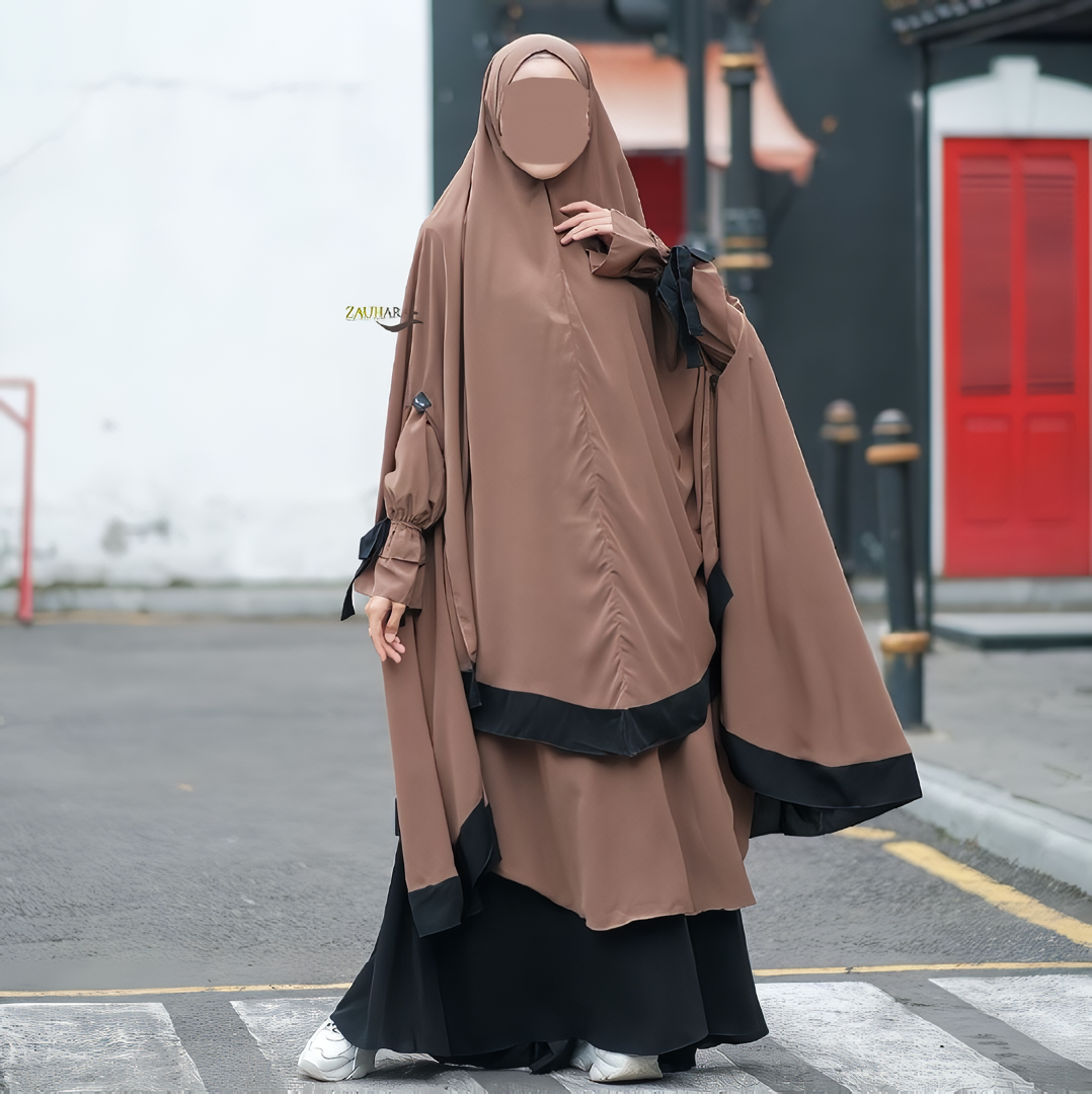 Mocca - Sabira Modest Abaya Ramadan Eid Series with Soft-Pad or Non-Pad Khimar, and Half Niqab Veil or Niqab Bandana