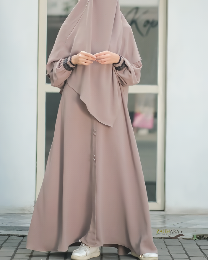 Alesyari Shop I Coffee Milk - Marzi Abaya Transformer or Basic Non-Pad Khimar with Organdi Lace, Free Half Niqab or Niqab Bandana, featuring Marzan Anti-UV Fabric