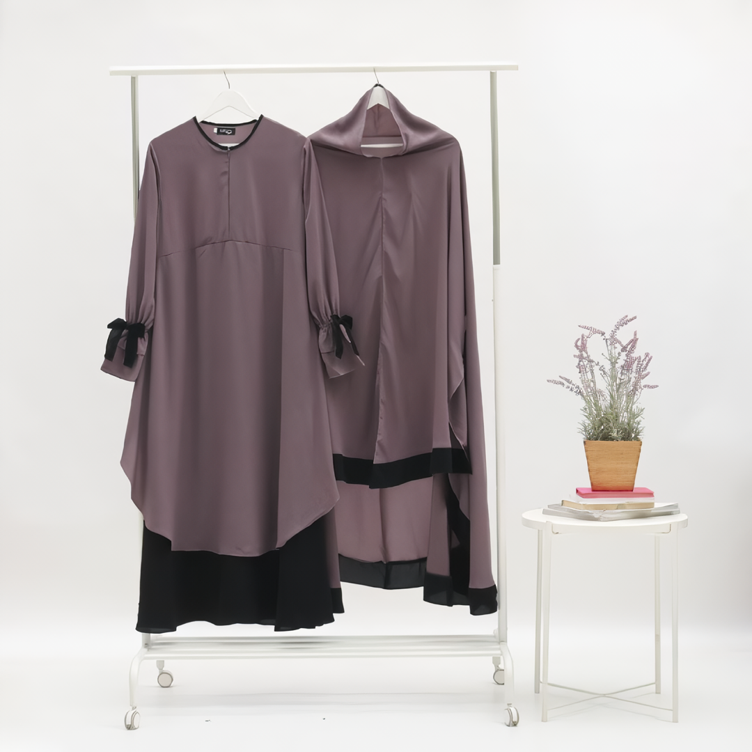 Alesyari Shop I Gray Zink - Sabira Modest Abaya Ramadan Eid Series with Soft-Pad or Non-Pad Khimar, and Half Niqab Veil or Niqab Bandana