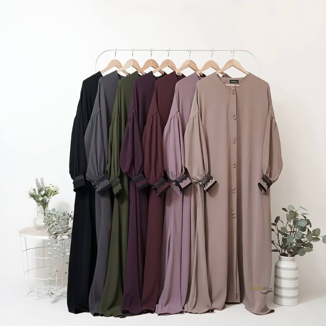 Alesyari Shop I Coffee Milk - Marzi Abaya Transformer or Basic Non-Pad Khimar with Organdi Lace, Free Half Niqab or Niqab Bandana, featuring Marzan Anti-UV Fabric