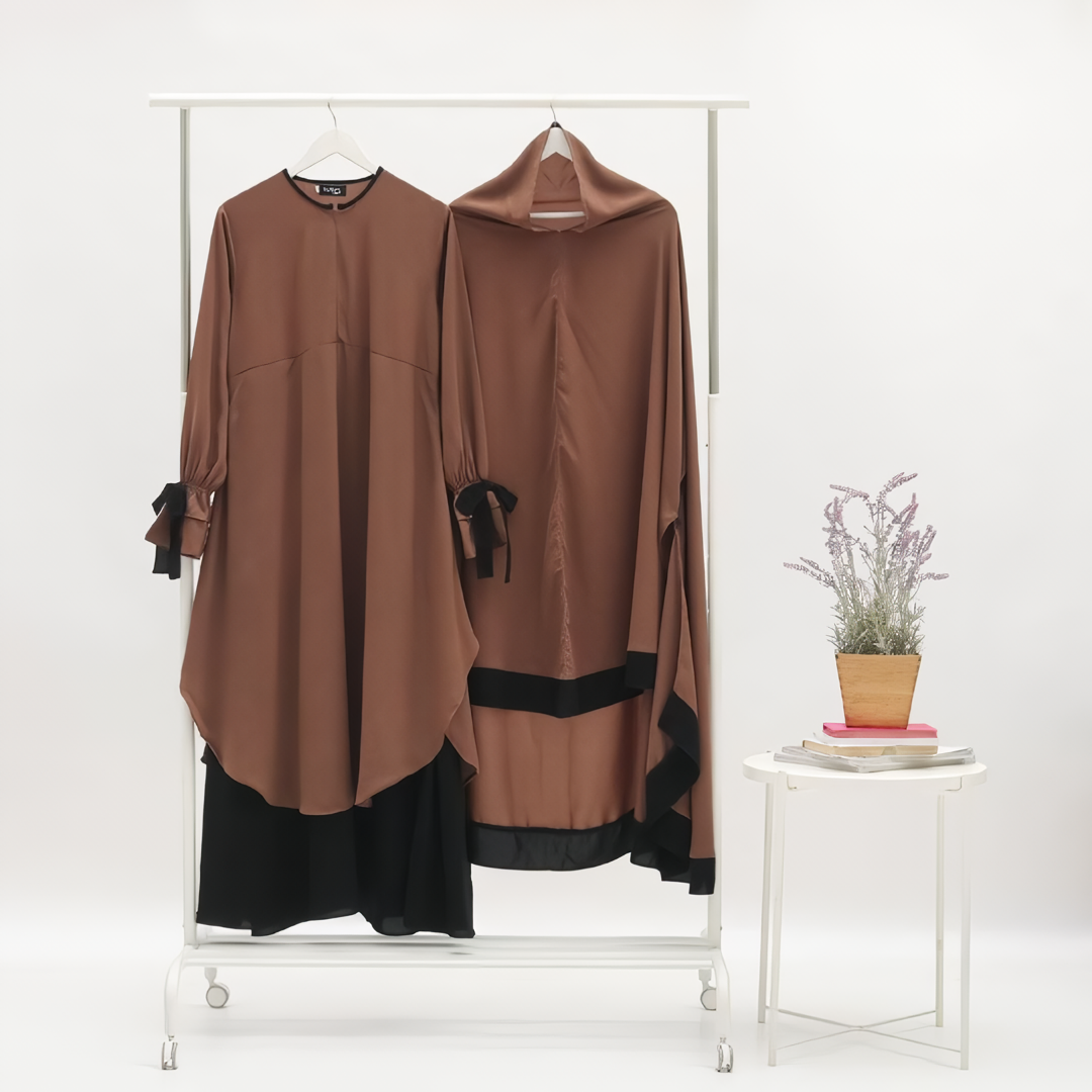 Mocca - Sabira Modest Abaya Ramadan Eid Series with Soft-Pad or Non-Pad Khimar, and Half Niqab Veil or Niqab Bandana