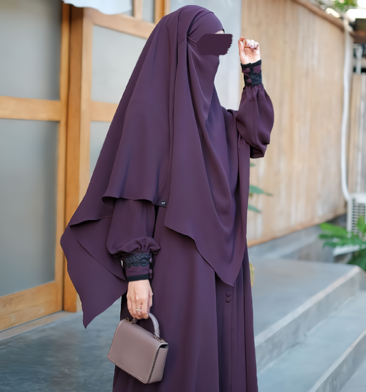 Alesyari Shop I Dark Plum - Marzi Abaya Transformer or Basic Non-Pad Khimar with Organdi Lace, Free Half Niqab or Niqab Bandana, featuring Marzan Anti-UV Fabric