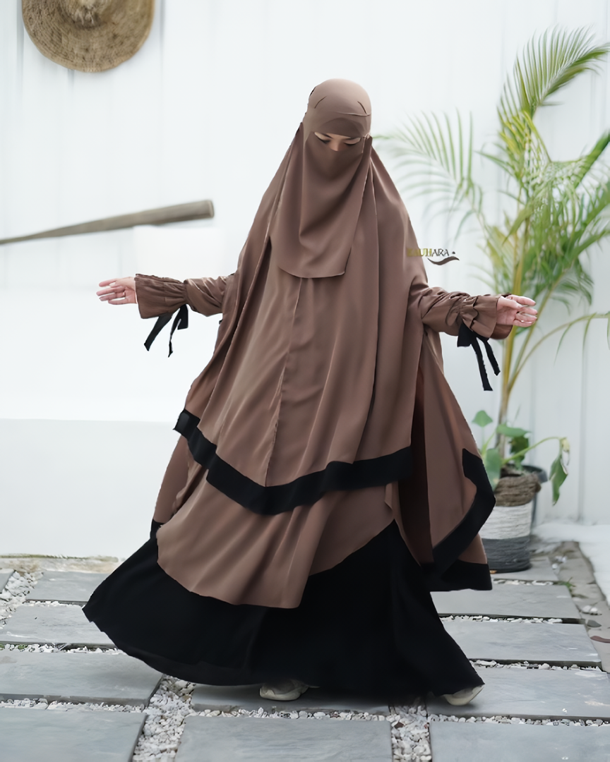 Mocca - Sabira Modest Abaya Ramadan Eid Series with Soft-Pad or Non-Pad Khimar, and Half Niqab Veil or Niqab Bandana