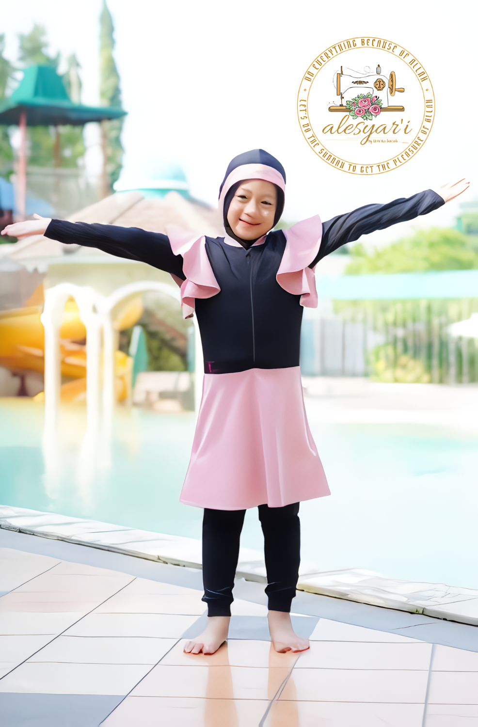 Alesyari Shop I Original Muslimah Swimwear for Kids Modest Swimsuit with Chest Layer and Skirt Overall Jumpsuit