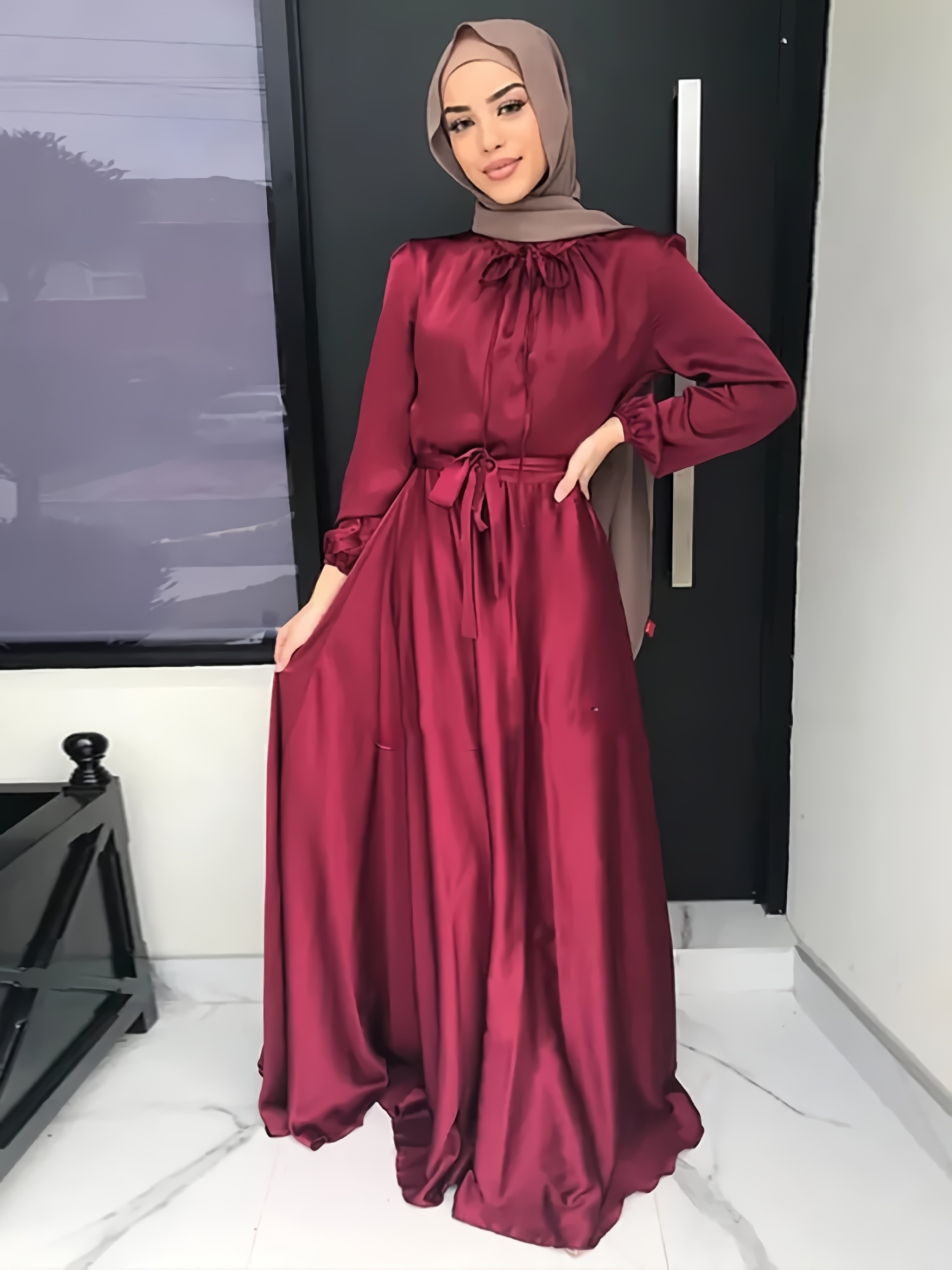 Satin Abaya Long Dress Women Elegant Big Swing Belted Hijab Robe Islam Dubai Turkish Modest Abayas Muslim African Dresses