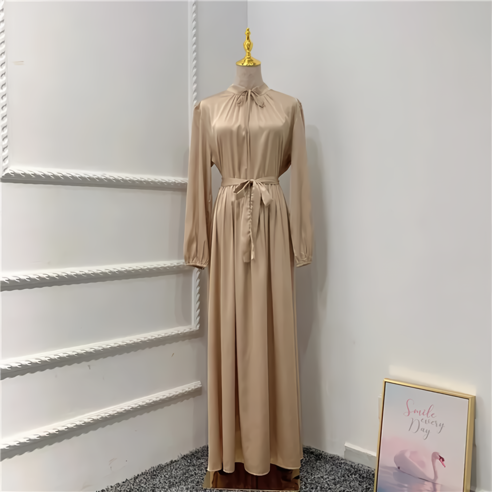 Satin Abaya Long Dress Women Elegant Big Swing Belted Hijab Robe Islam Dubai Turkish Modest Abayas Muslim African Dresses