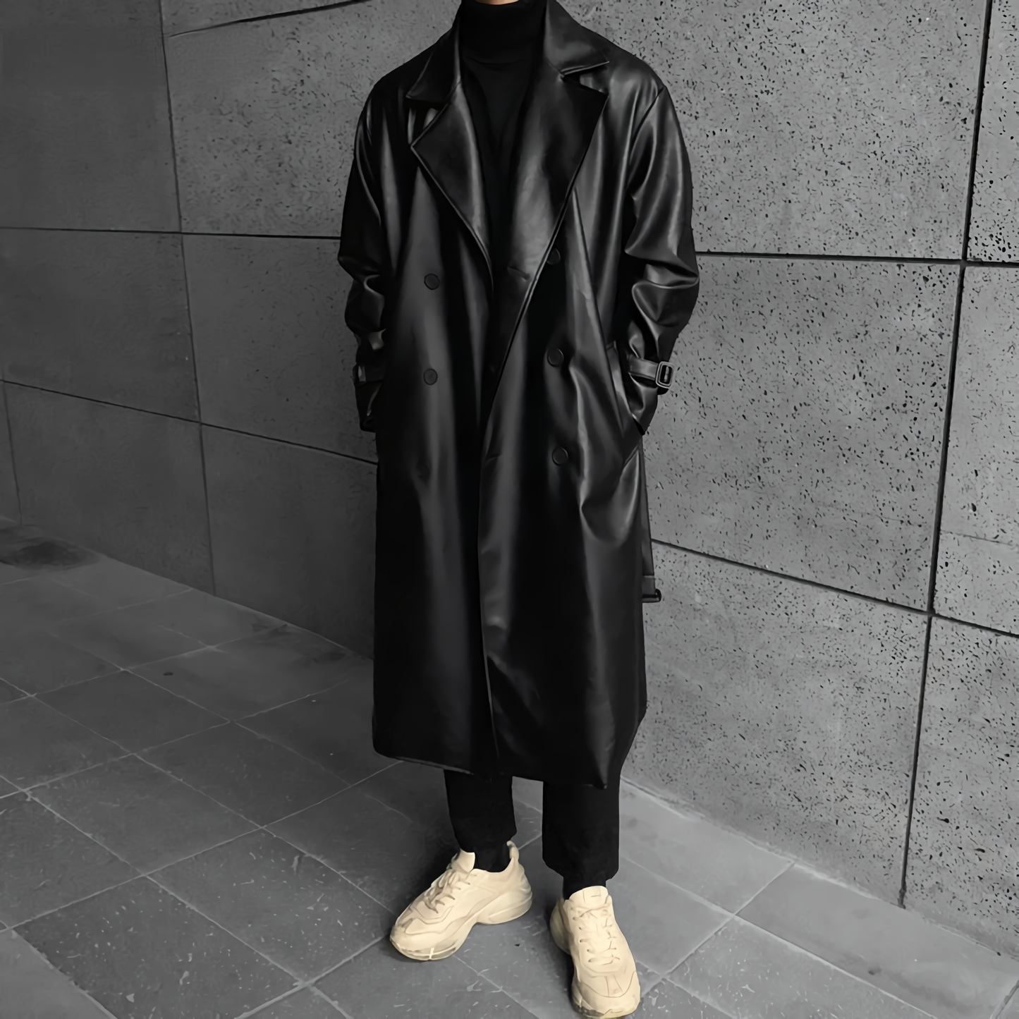 Spring Autumn Long Black Oversized Faux Leather Trench Coat Men Drop Shoulder Belt Faux Leather Coats for Men Winter Thick M-5XL