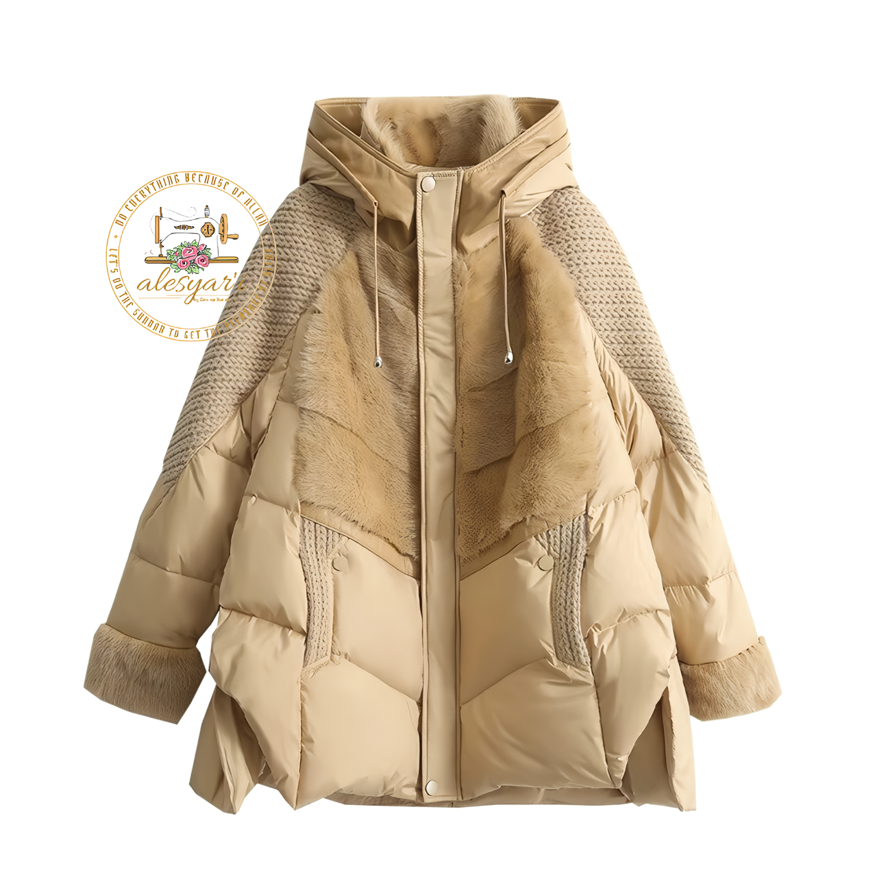 Alesyari Shop I Winter Glam: Elevate Your Style with a Loose-Fit Hooded Parker, Women's Down Jacket with Knitting Patchwork for a Warm and Fashionable Coat