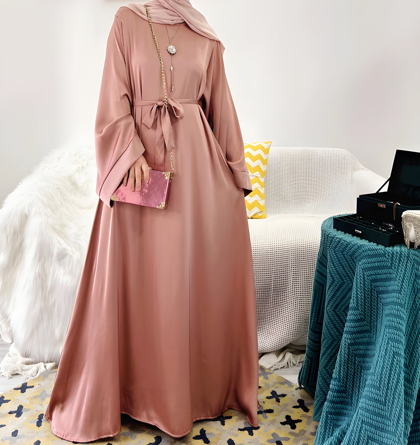 Alesyari Shop I Simple Muslim Abaya Dress - Islamic Casual Wear, Turkish Dubai Style, Ideal for Ramadan and Eid (Without Shawl)