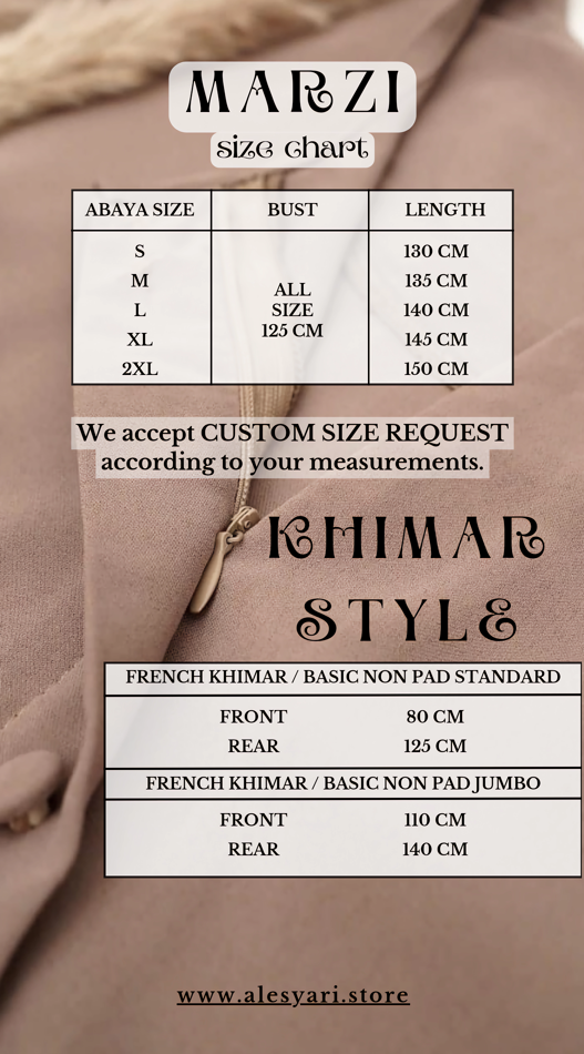 Size Chart Abaya Marzi Transformer or Basic Non-Pad Khimar with Organdi Lace Free Half Niqab or Niqab Bandana