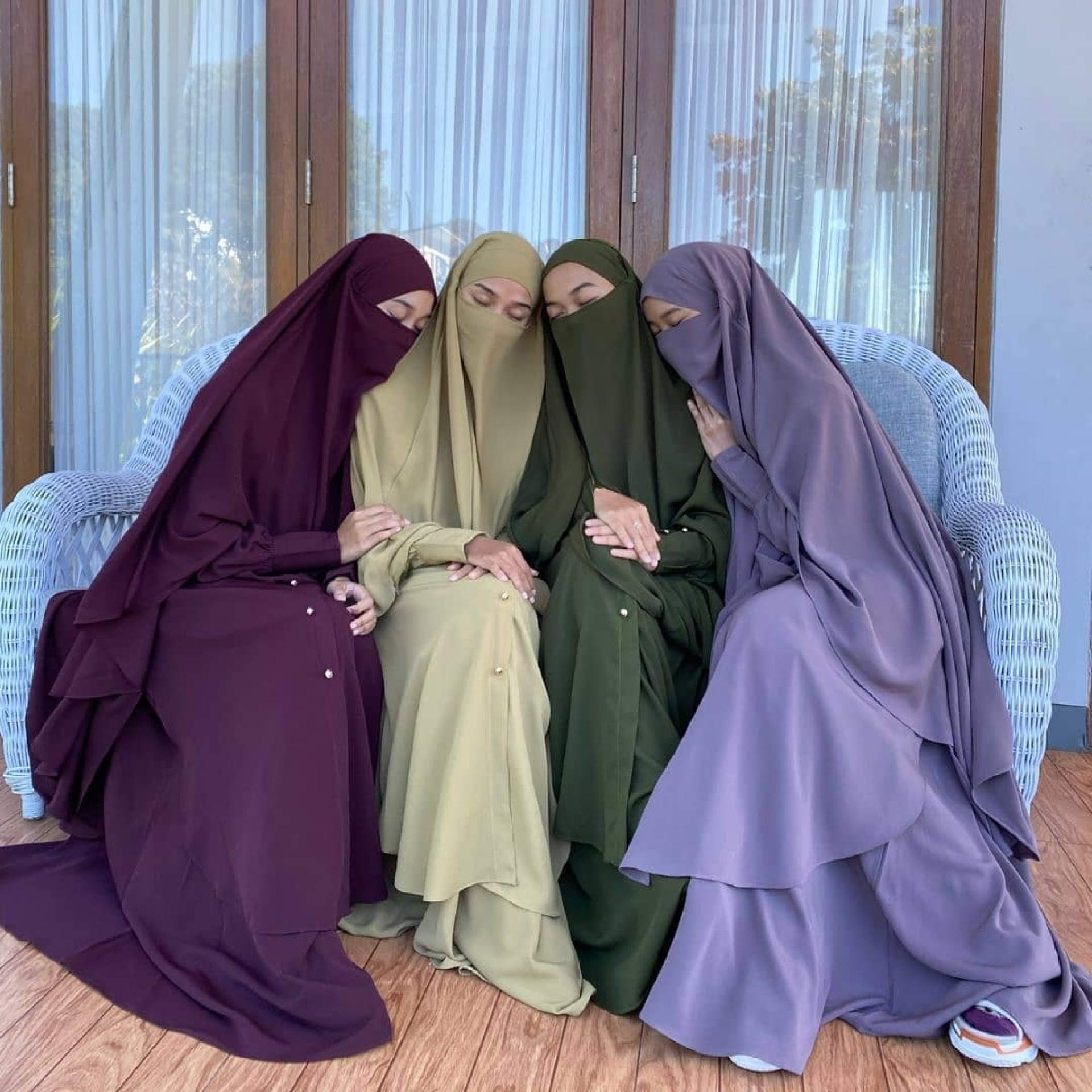 The Appearance of the Abaya French Khimar Raada Series in Maroon, Khaki (PEMDA), Army Green, and Zink