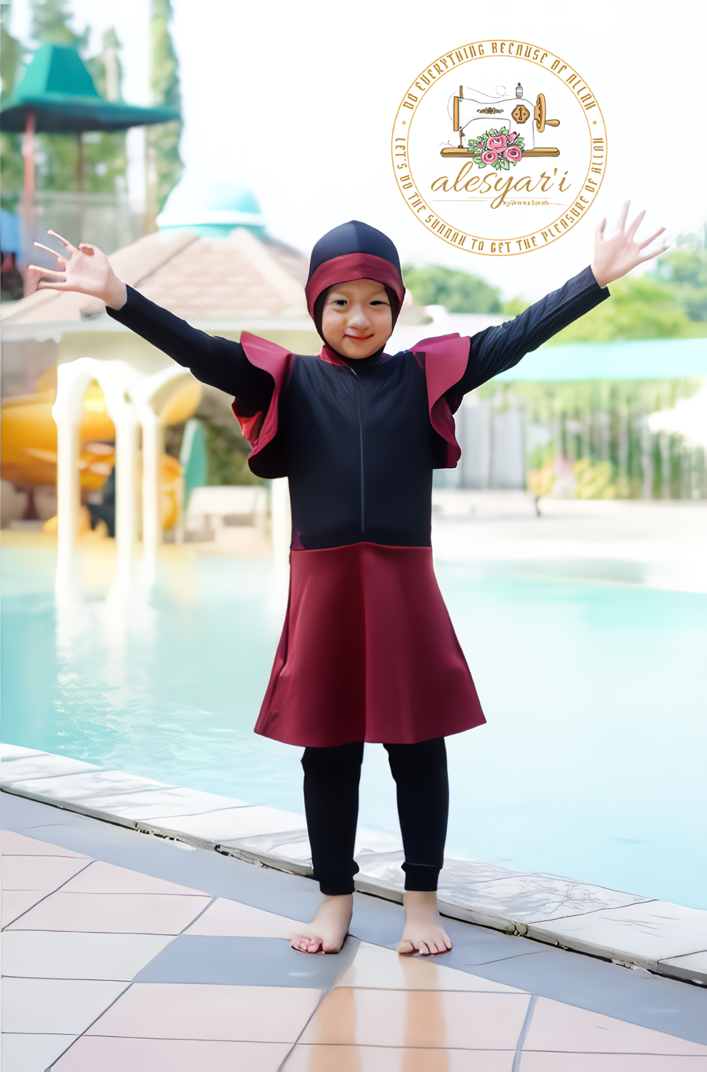 Alesyari Shop I Original Muslimah Swimwear for Kids Modest Swimsuit with Chest Layer and Skirt Overall Jumpsuit