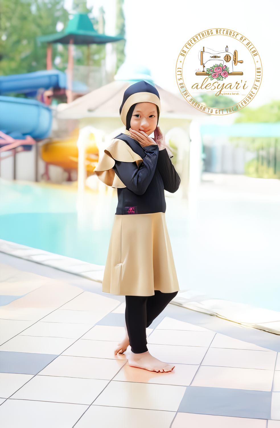 Alesyari Shop I Original Muslimah Swimwear for Kids Modest Swimsuit with Chest Layer and Skirt Overall Jumpsuit