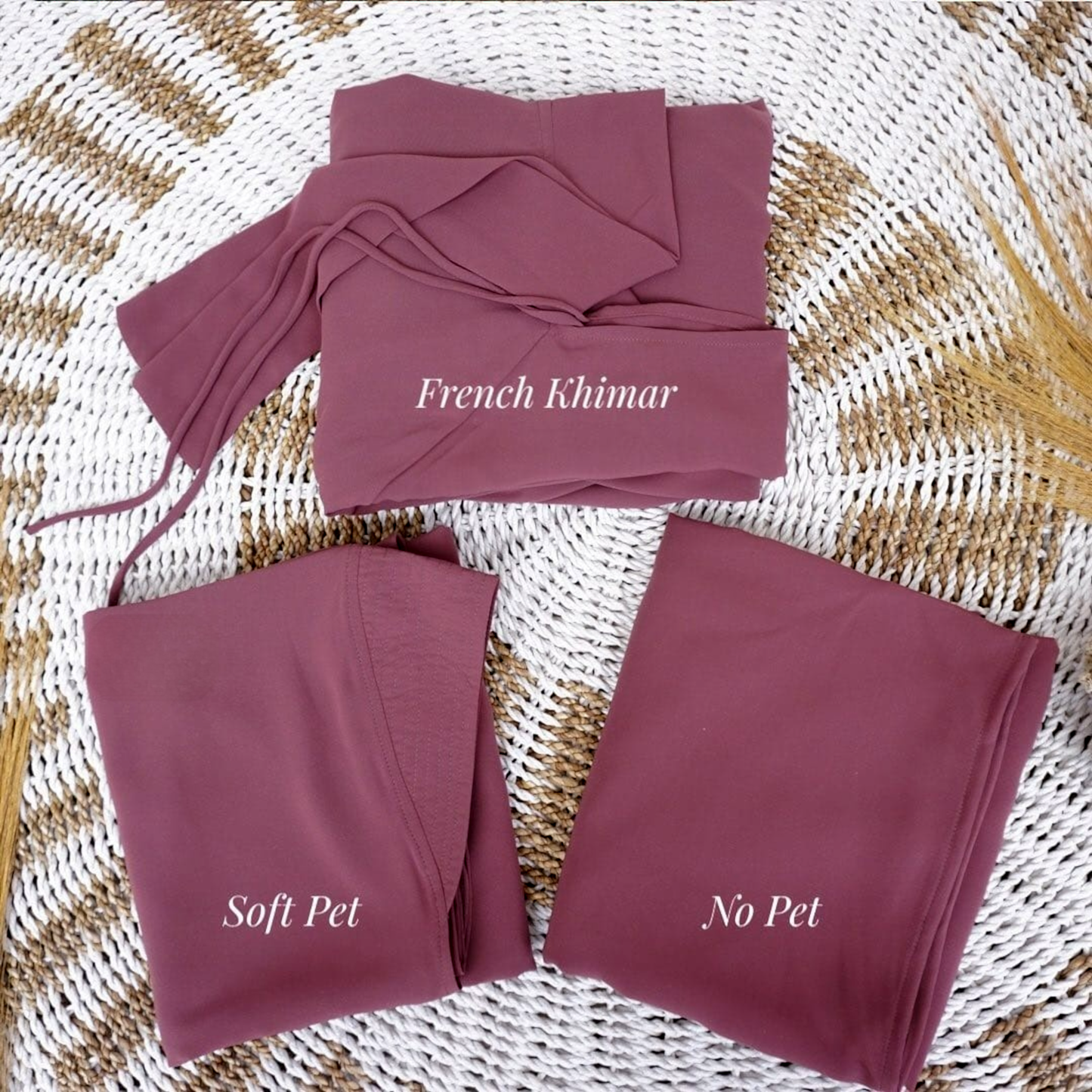 The difference between khimar style of Soft Pad Khimar, French Khimar, and Basic Non Pad Khimar in folded position.