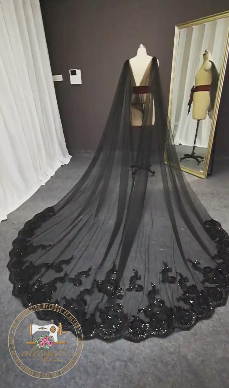 Alesyari Shop I Real Photos Black Long Wedding Bling Sequins Lace Cathedral Bridal Cape Marriage Wedding Accessories Shoulder Veil