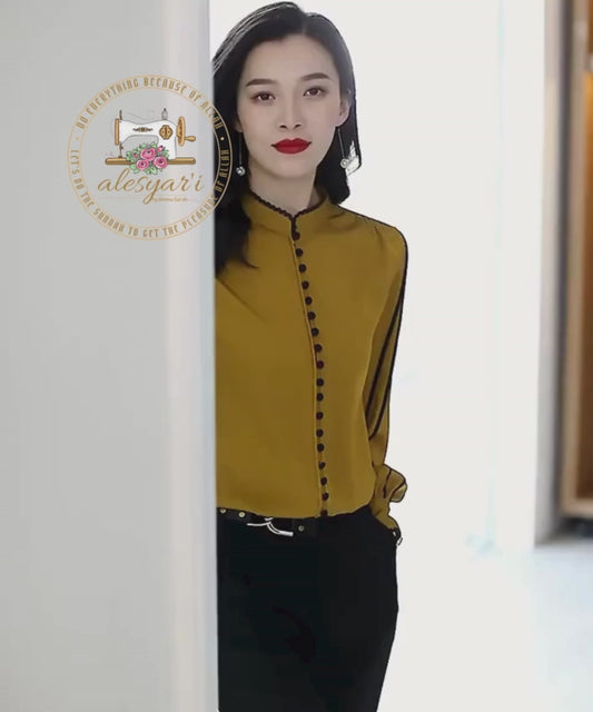 Chic Korean-Inspired Long Sleeve Silk Shirt in Yellow and Black: Elevate Your Casual Elegance for Spring and Autumn Fashion