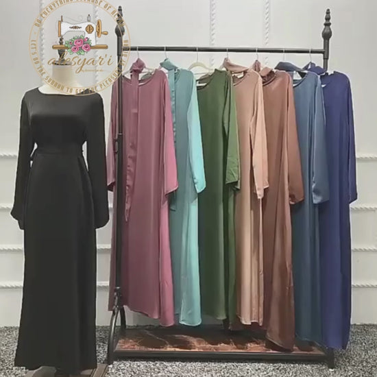 Alesyari Shop I Elegant Satin Muslim Abaya Full-Length with Flared Sleeves, Soft Shimmer, Dubai to Turkey Fashion