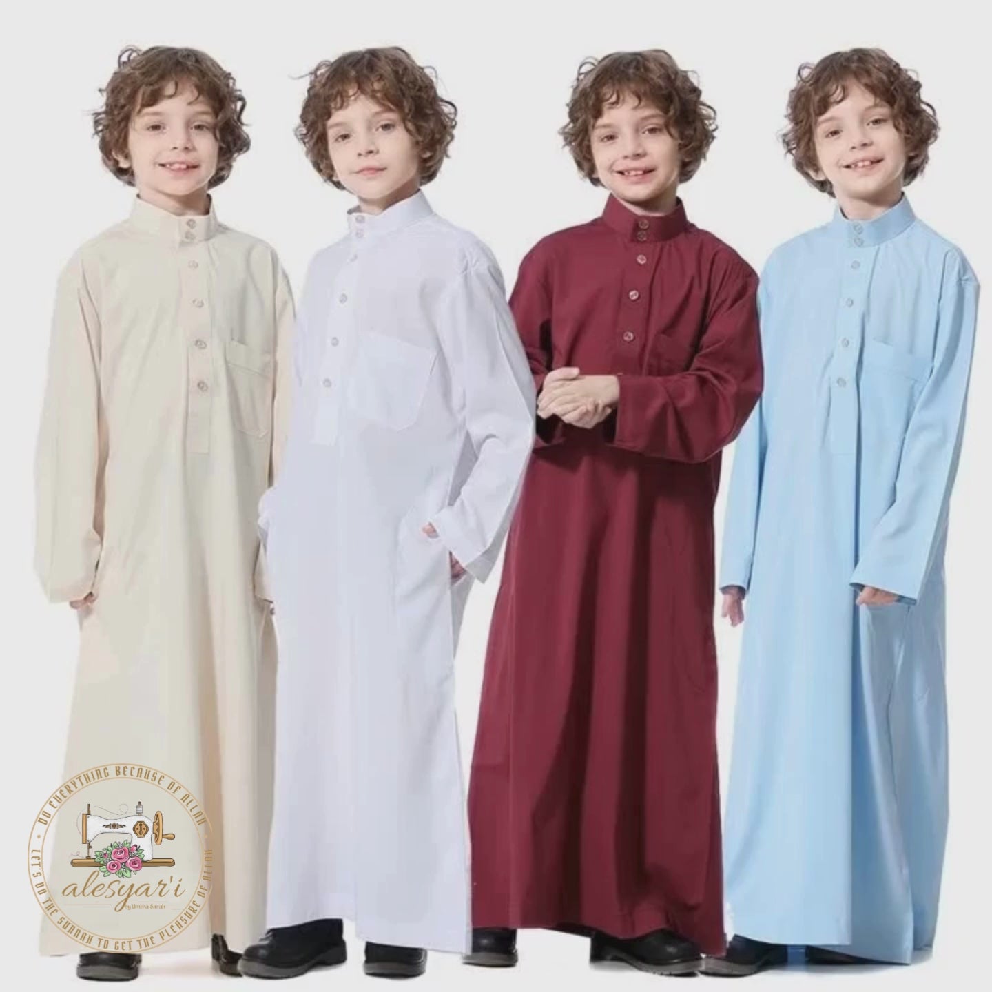 Alesyari Shop I Boys Kids Islamic Muslim Juba Kaftan Robe Arabian Dubai Qatar Boy Long Sleeve Shirt Abaya Robe Dress Solid Color