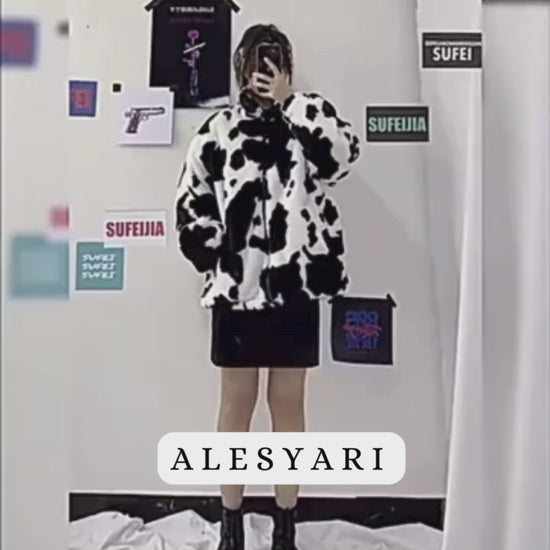 Alesyari Shop I Winter Elegance :  into Style with Our Leather Jacket, Showcasing Playful Cow Prints and in Harajuku Chic