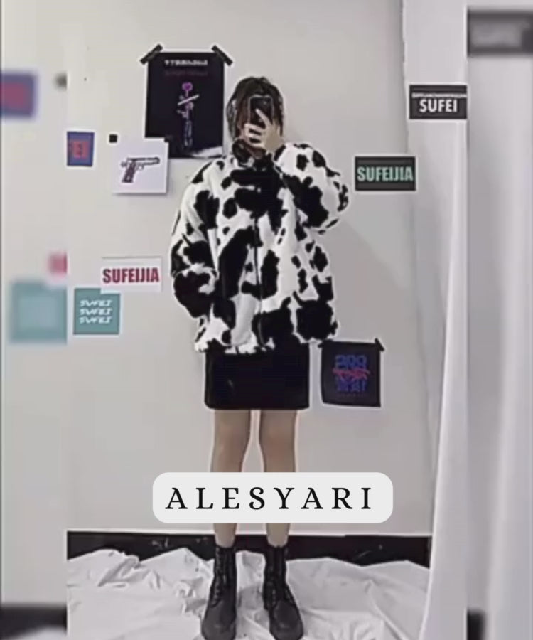 Alesyari Shop I Winter Elegance :  into Style with Our Leather Jacket, Showcasing Playful Cow Prints and in Harajuku Chic